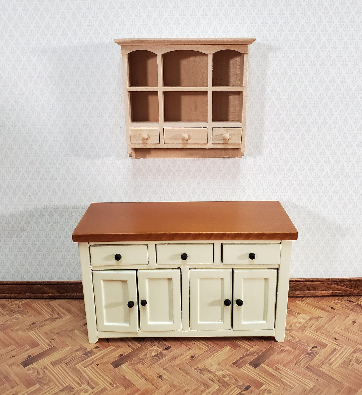 Dollhouse Hanging Shelf with Drawers & Cubbies 1:12 Scale Furniture Unpainted Wood