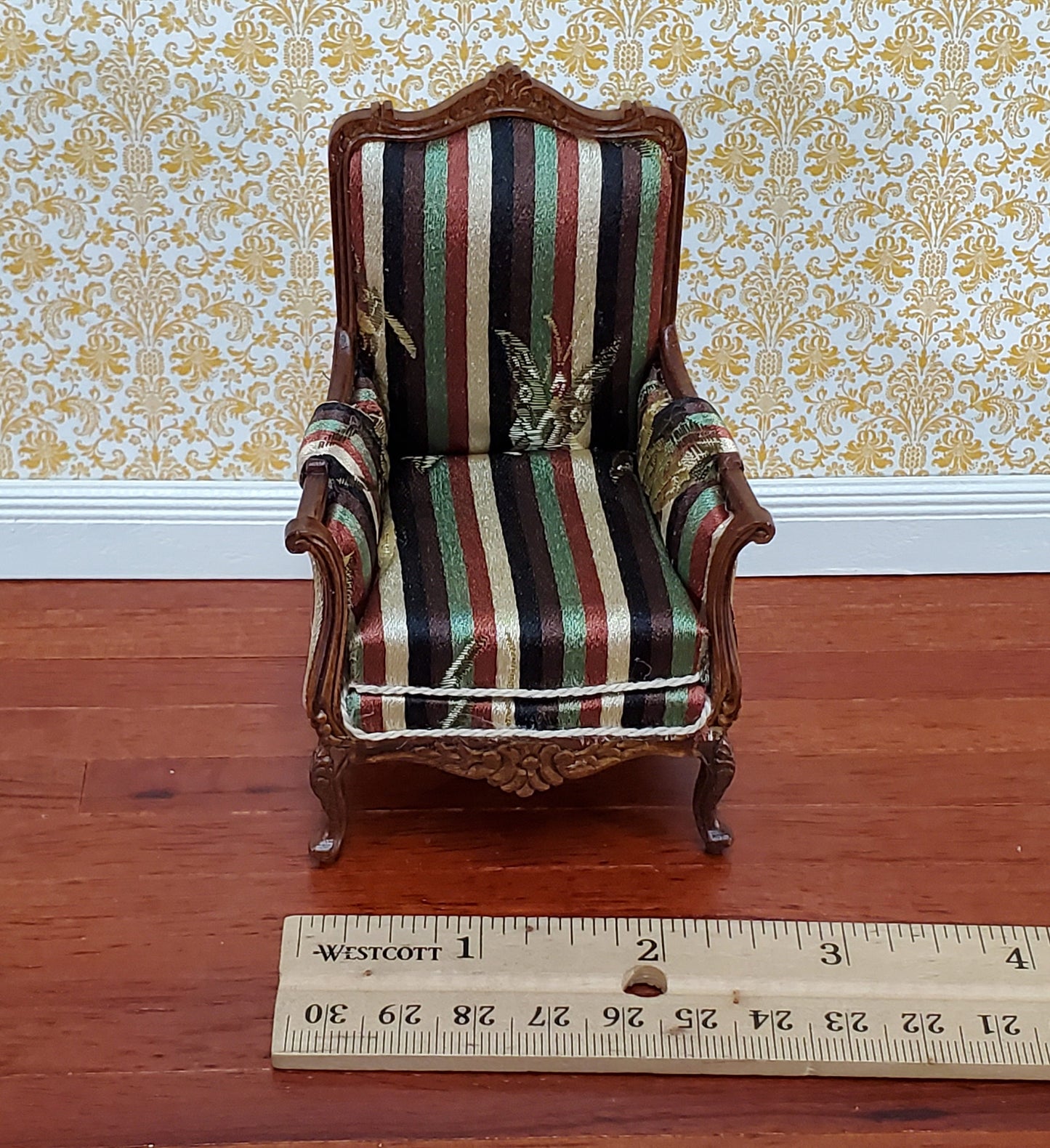 JBM Dollhouse Chair Victorian Style Striped Neutral Fabric 1:12 Scale Furniture