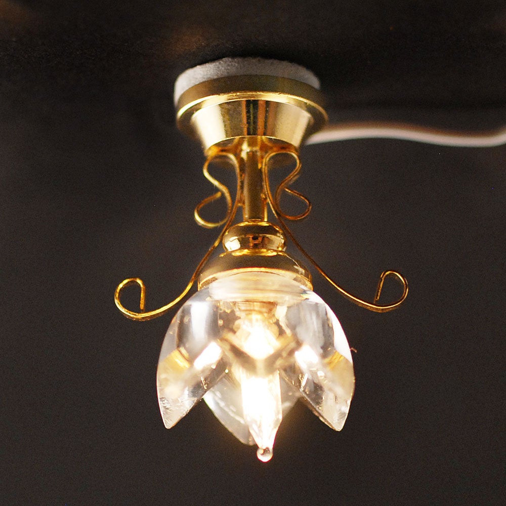 Dollhouse Miniature Ceiling Light Lily Flower Shade Gold 12 Volt 1:12