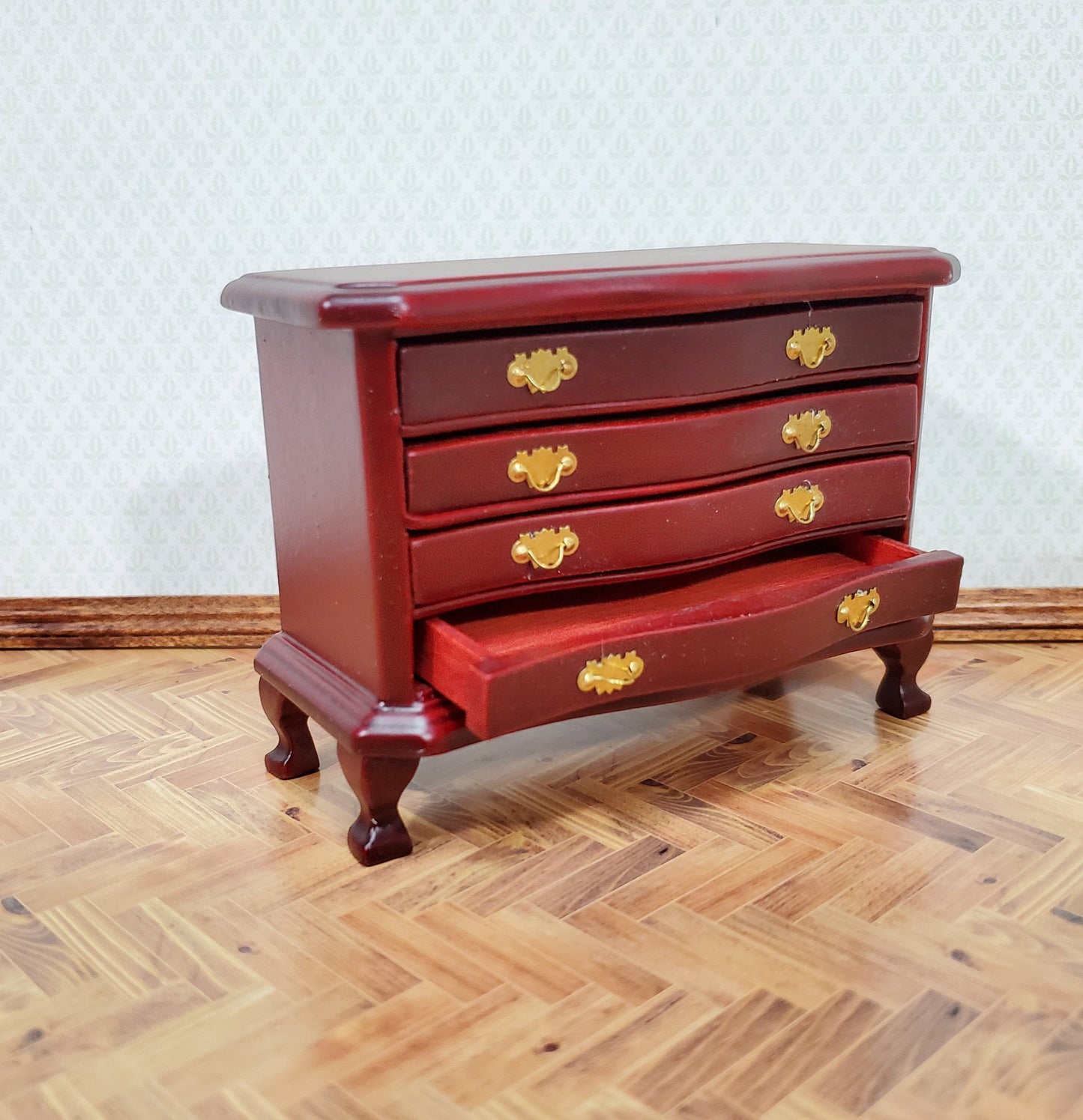 Dollhouse Dresser 4 Drawer Wood Deep Mahogany Finish 1:12 Scale Miniature Furniture