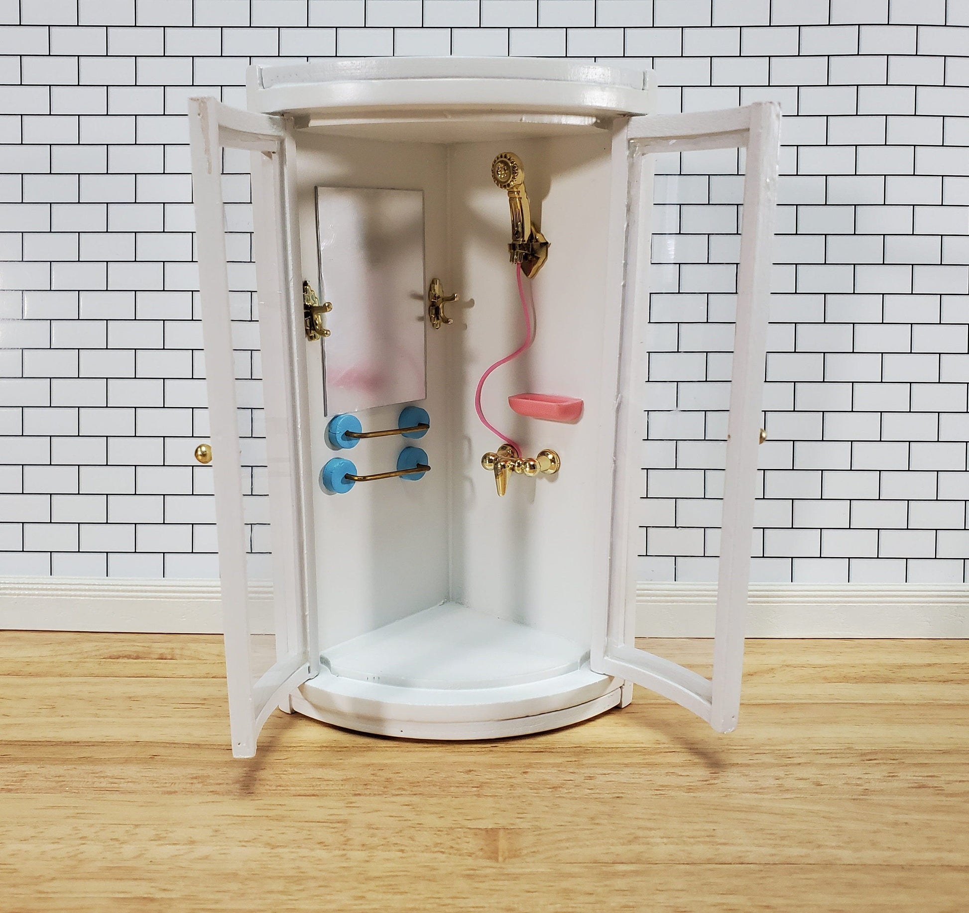 Dollhouse Corner Shower Modern Wood 1:12 Scale Miniature Bathroom White