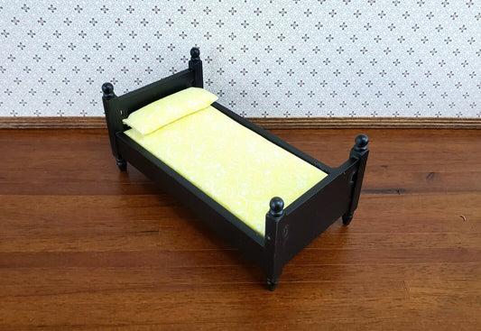 Dollhouse Miniature Black Bed with Mattress Pillow Sheets Small Childs 1:12