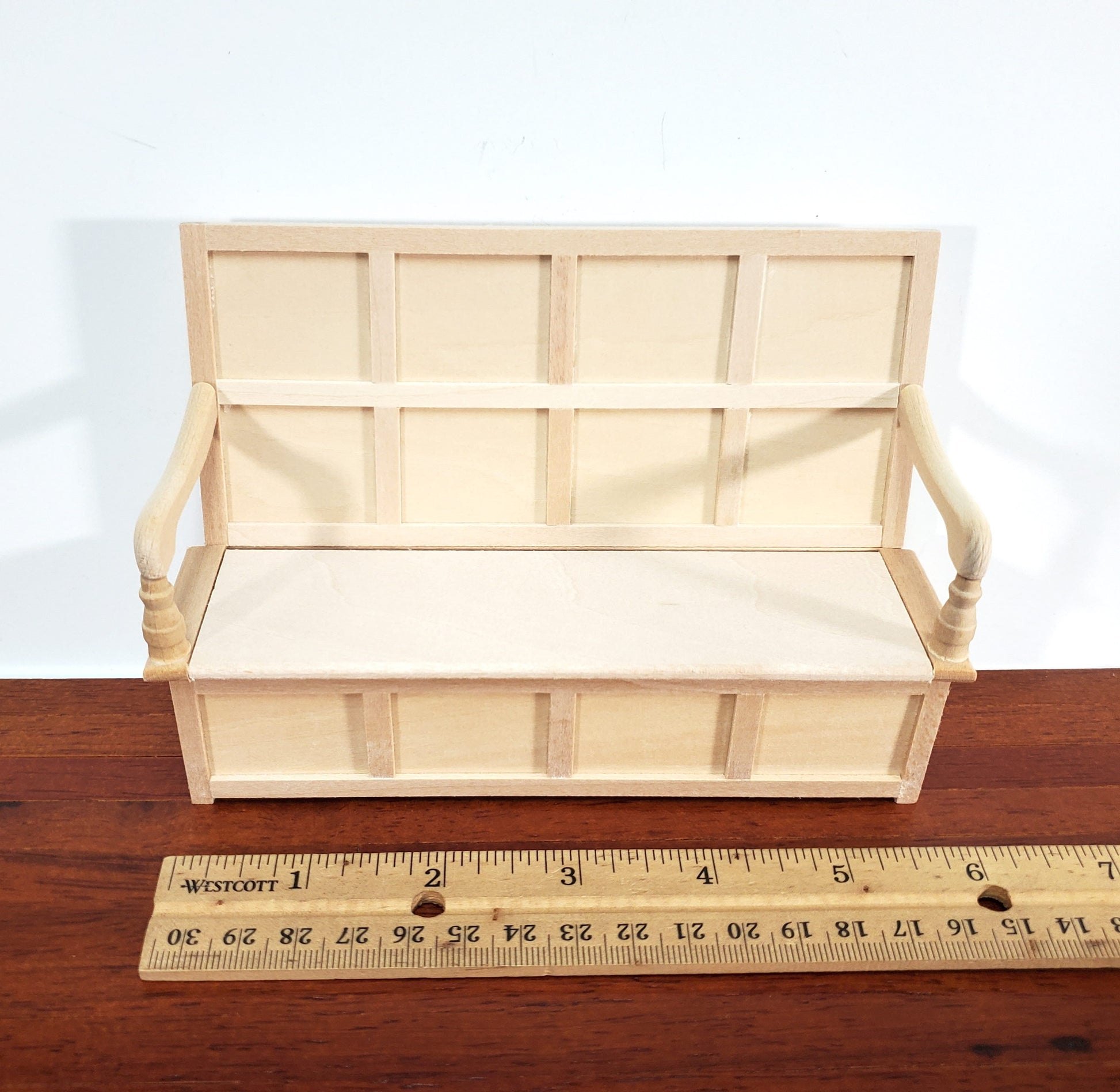 Dollhouse Bench Tudor Gothic Style with High Back Unpainted Wood Open Seat 1:12 Scale Furniture