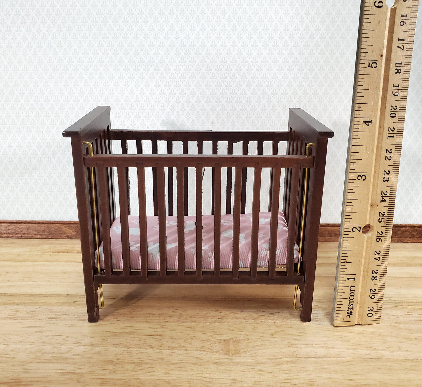 Dollhouse Crib Wood Drop Side Dark Walnut 1:12 Scale Miniature Nursery Furniture