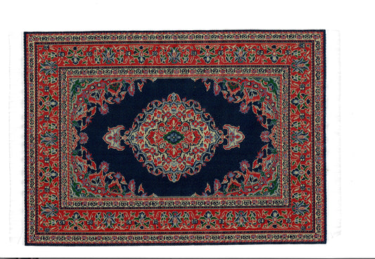 Dollhouse Rug Woven Fabric Large Blue Red Gold 9 1/4" x 5 7/8" 1:12 Scale