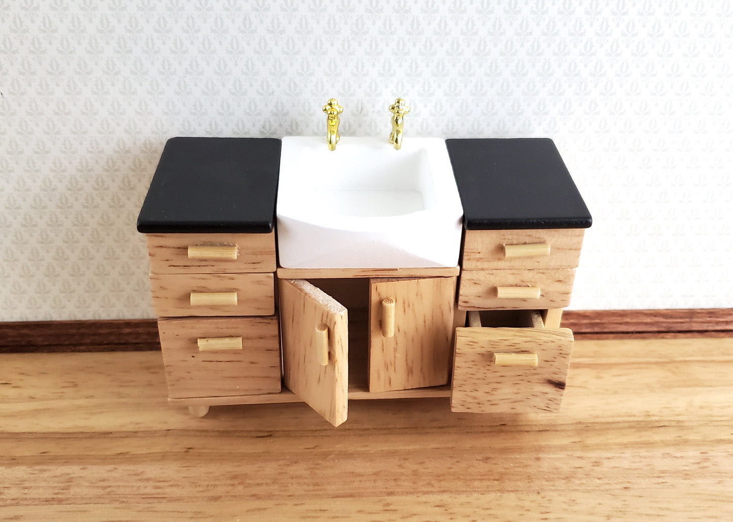 Dollhouse Modern Kitchen or Bathroom Sink Cabinet Light Oak 1:12 Scale Miniature Furniture