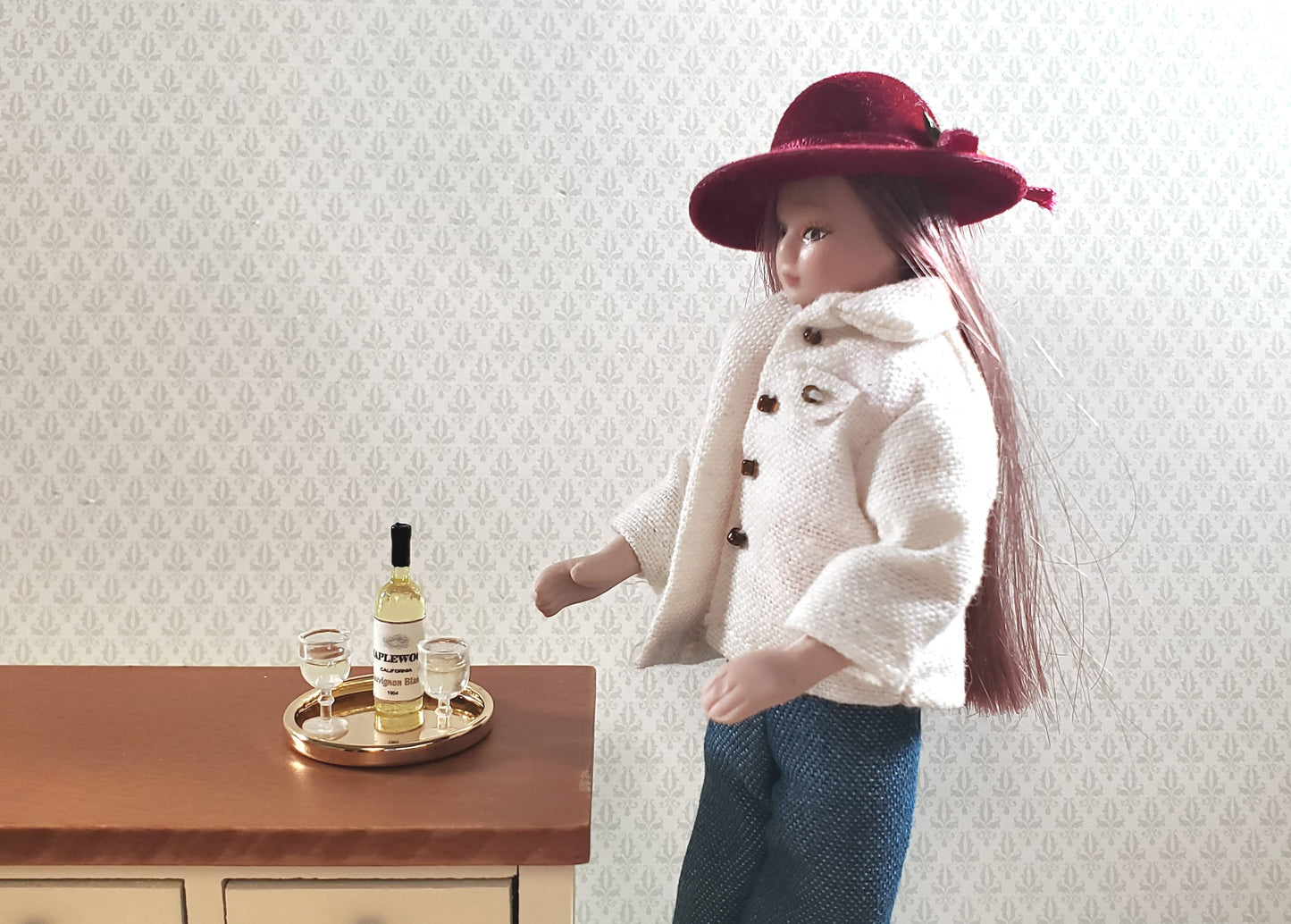 Dollhouse Miniature White Wine Bottle & 2 Filled Wine Glasses on Tray 1:12 Scale