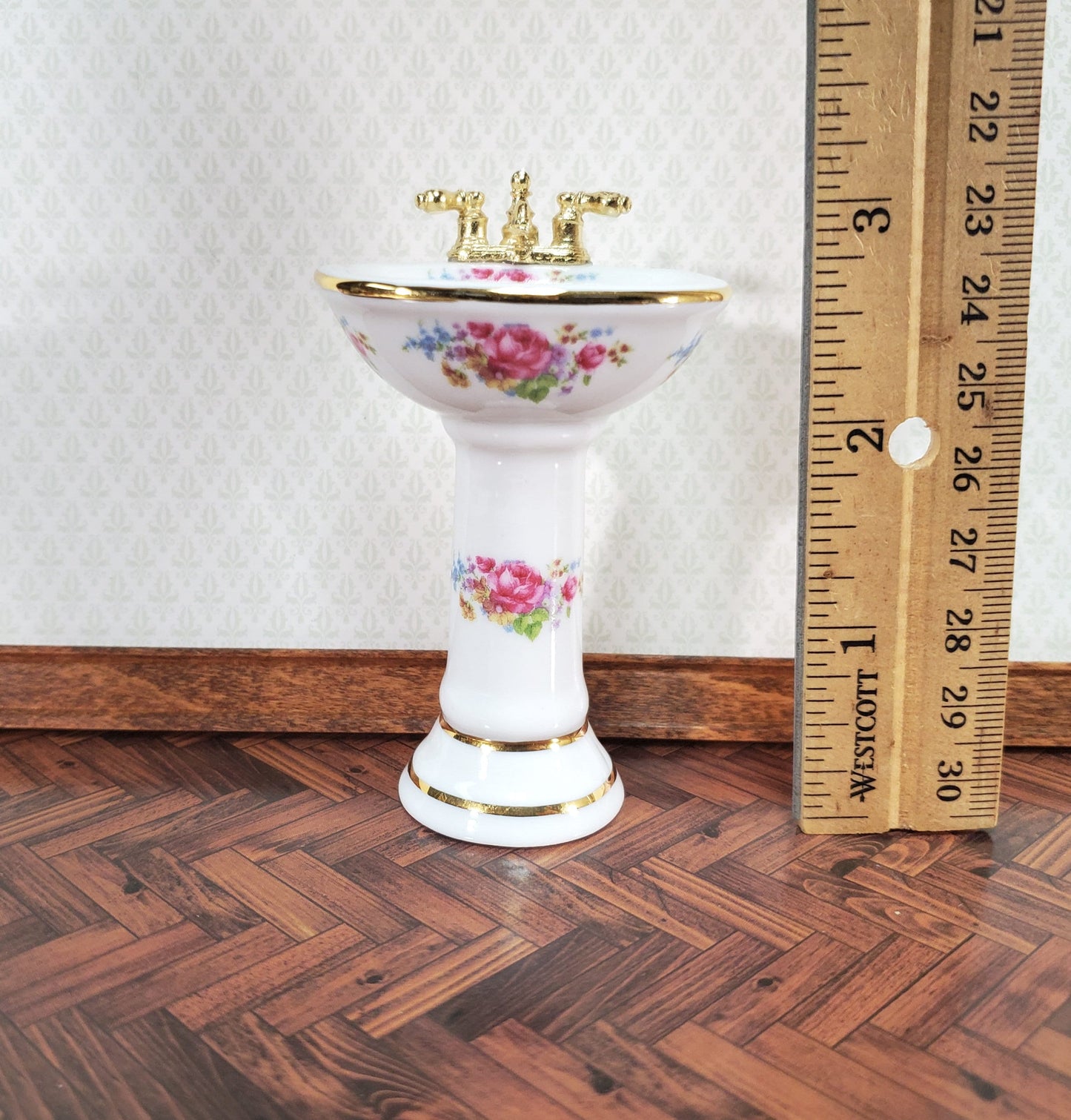 Dollhouse Pedestal Sink Bathroom Dresden Rose Reutter Porcelain 1:12 Scale Miniature