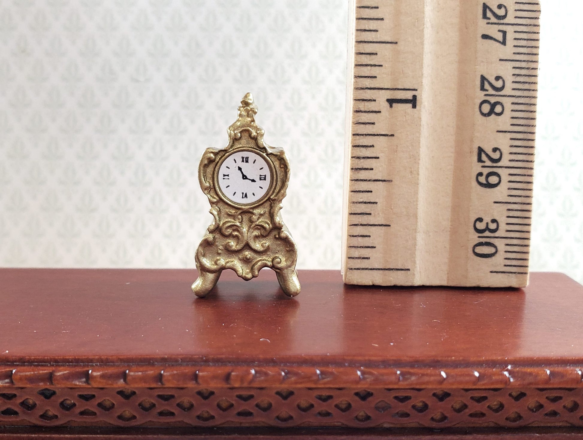 Dollhouse Mantle Clock Gold Fancy Victorian Style 1:12 Scale Miniature