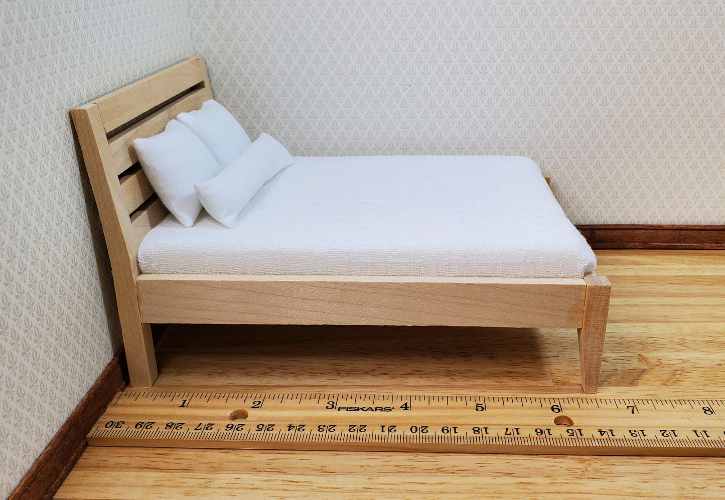 Dollhouse Double Bed Modern Style 1:12 Scale Miniature Wood Unpainted Furniture