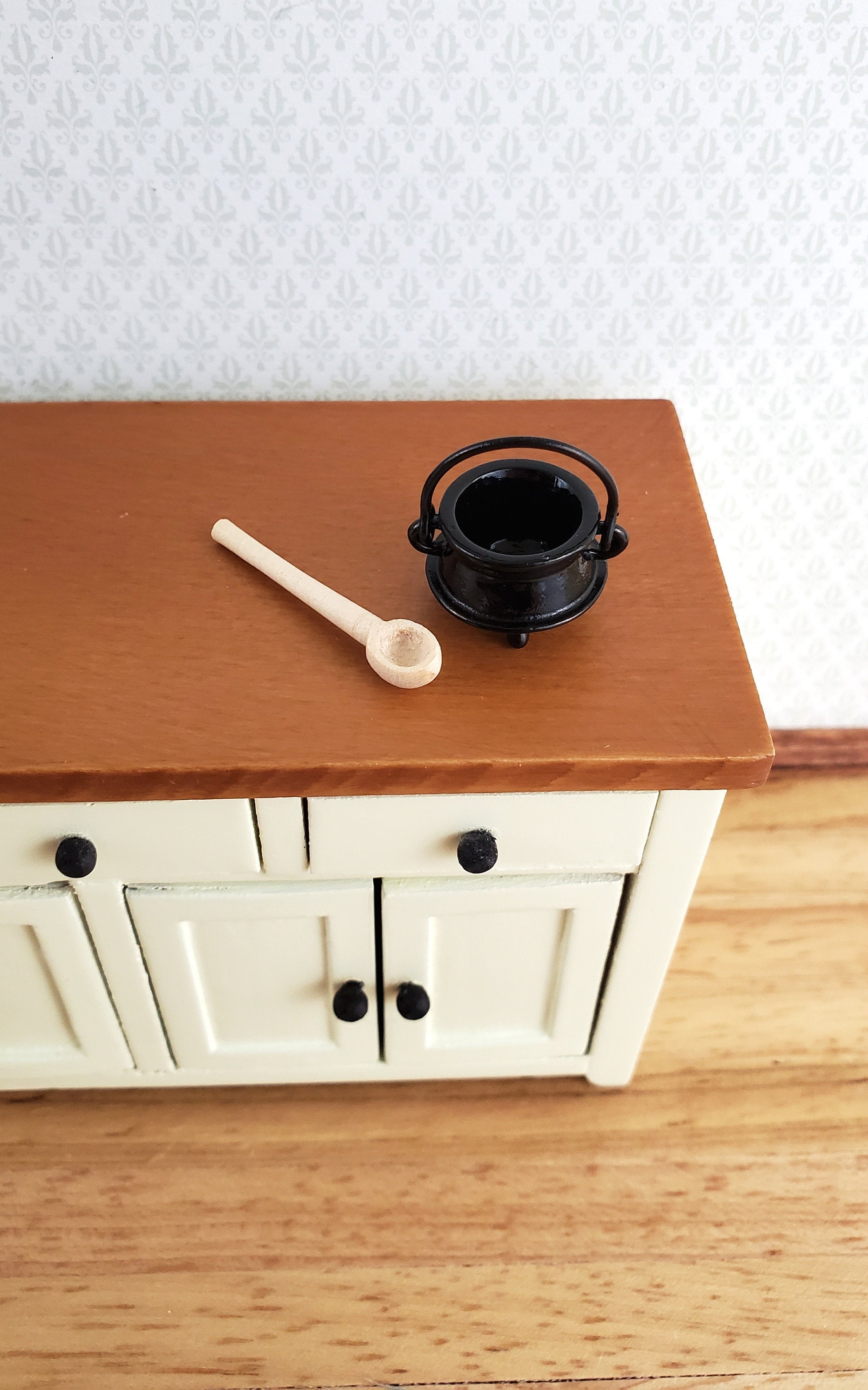 Dollhouse Miniature Cauldron Pot Small Black with Wooden Spoon 1:12 Scale