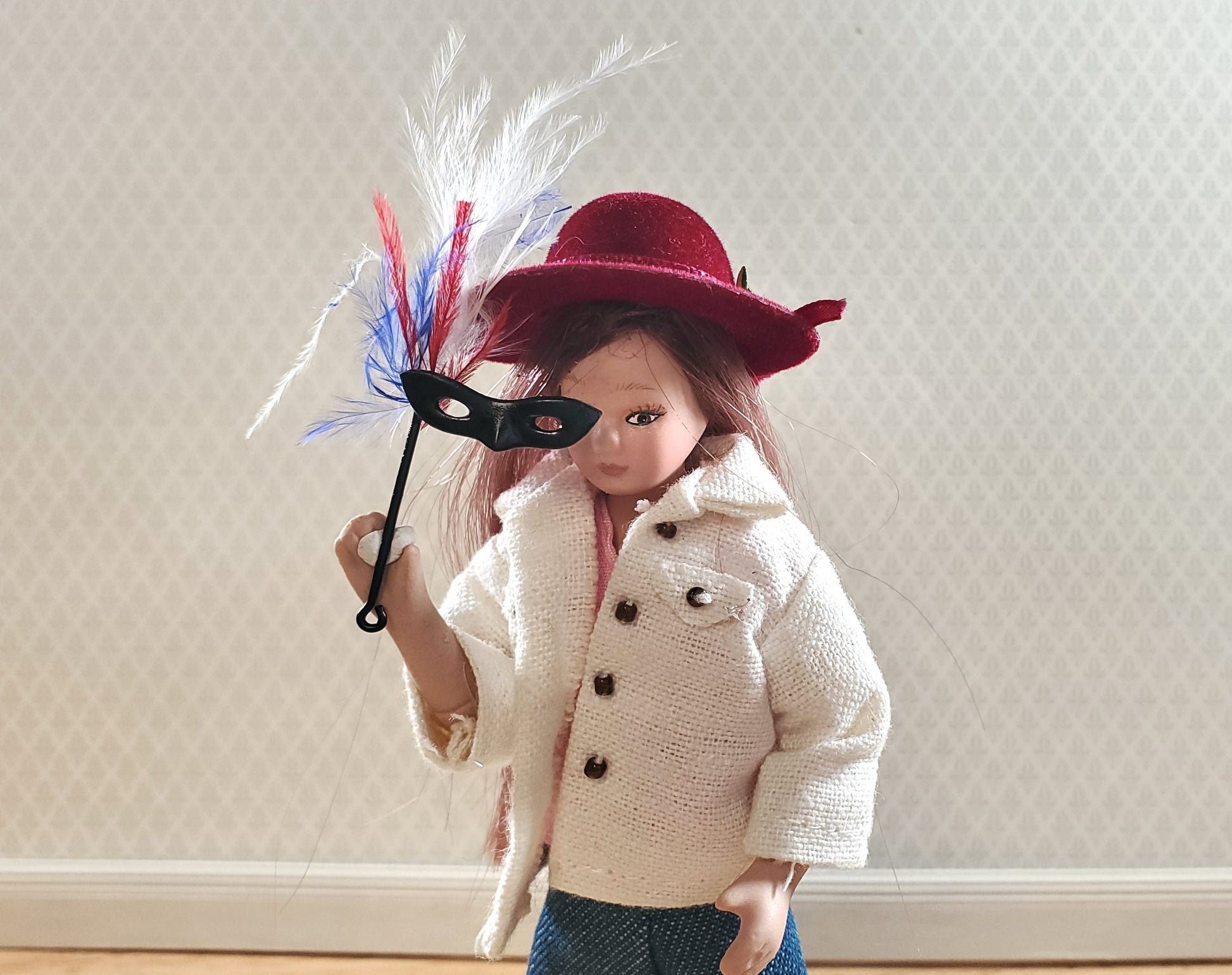 Dollhouse Mardi Gras Mask on Stick with Feathers 1:12 Scale Miniature