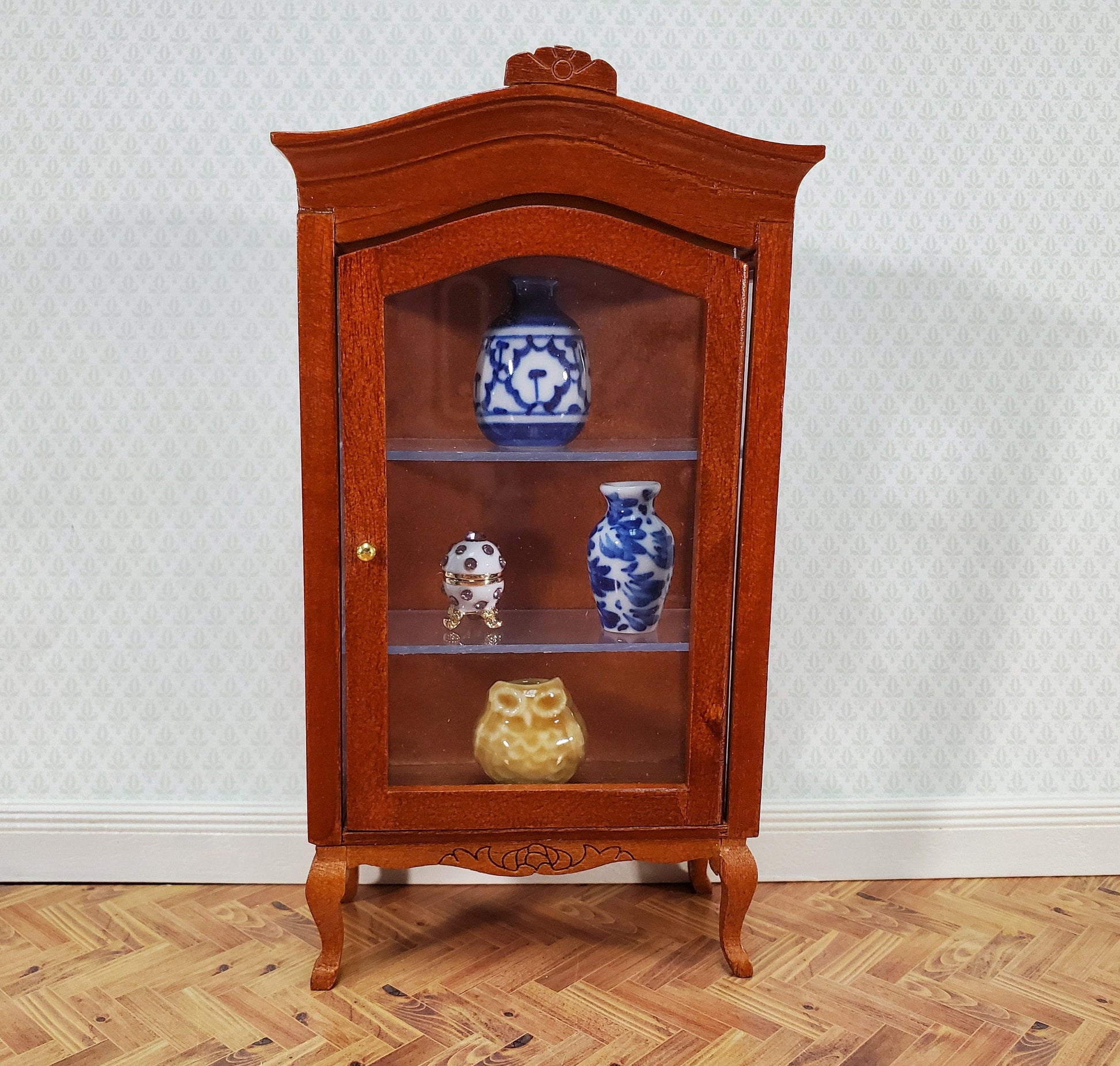 Dollhouse Large Curio Cabinet with Door Walnut Finish 1:12 Scale Miniature Furniture