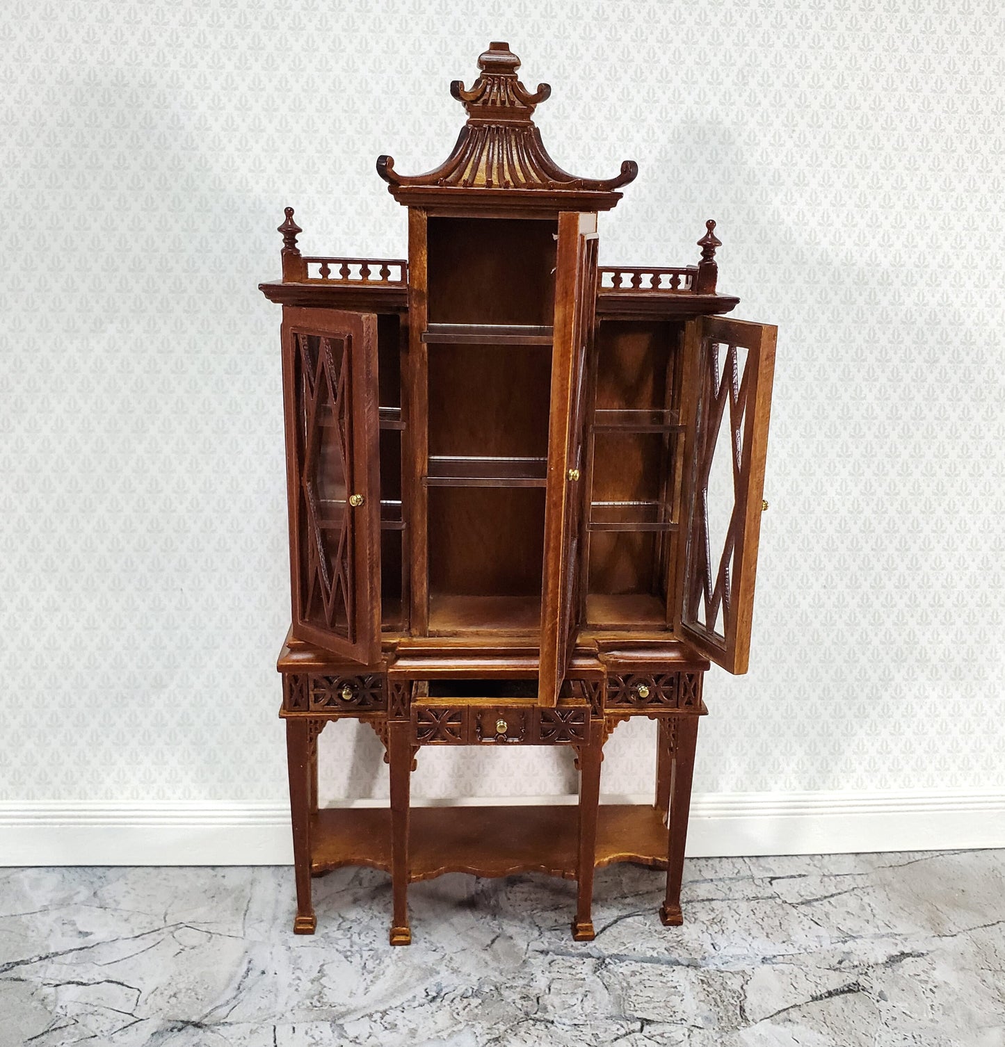 JBM Dollhouse Breakfront Display Cabinet Chippendale Style 1:12 Scale Furniture
