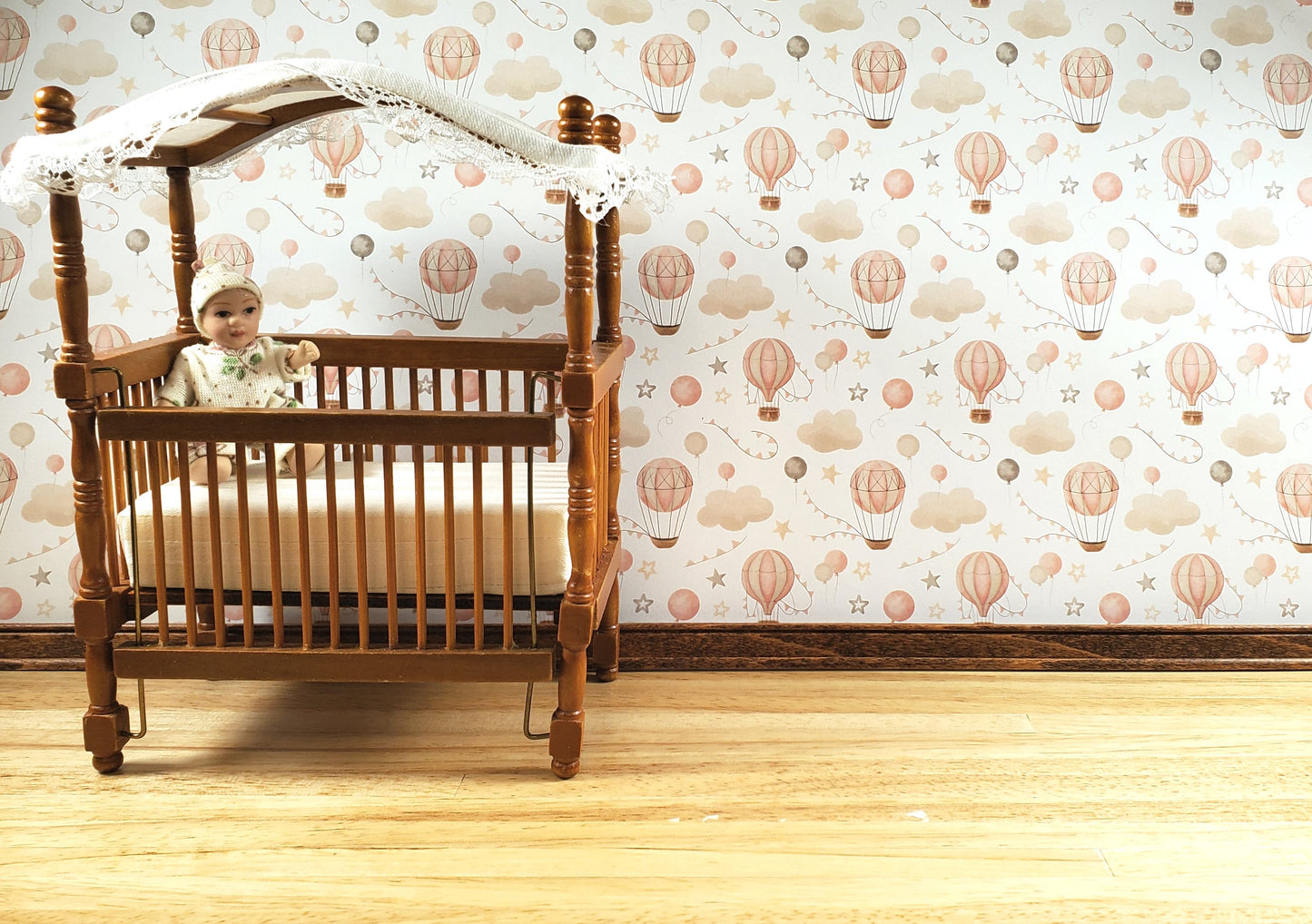 Dollhouse Nursery Wallpaper 3 Sheets Hot Air Balloons Beige 1:12 Scale Miniature