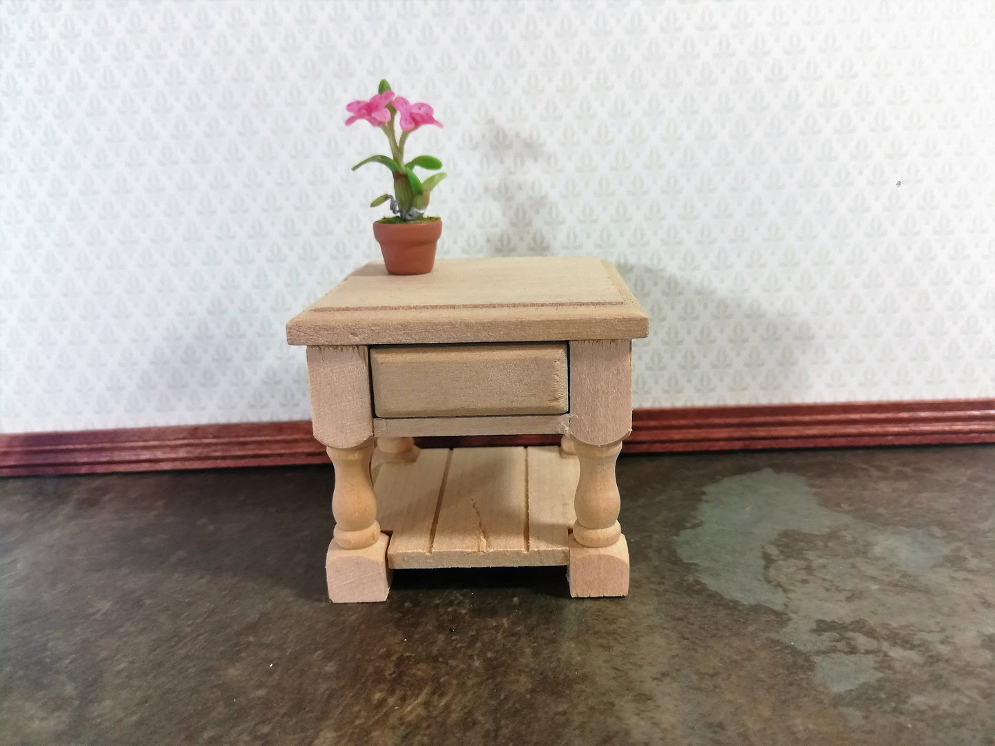 Dollhouse Miniature Side Table or Night Stand with Drawer Unpainted Wood Tudor Style 1:12 Scale Wood