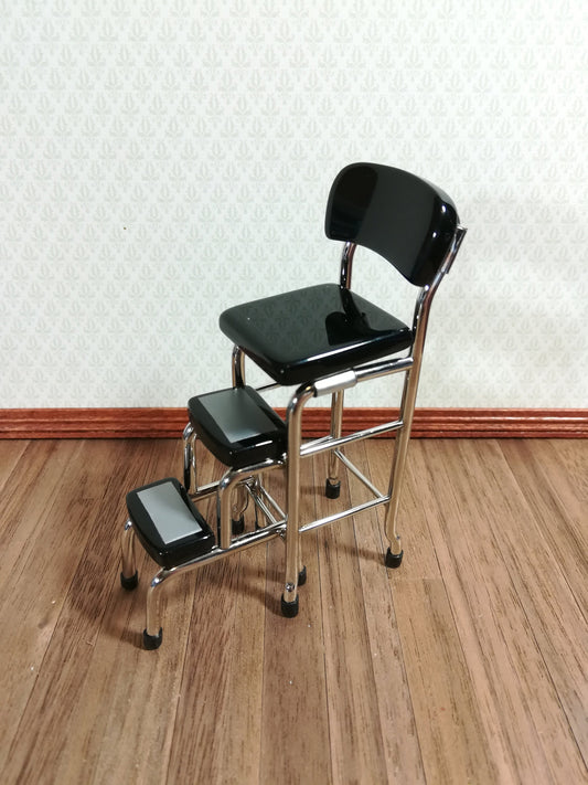 Dollhouse Retro Step Stool Tall Chair 1950s Style Black 1:12 Scale Miniature