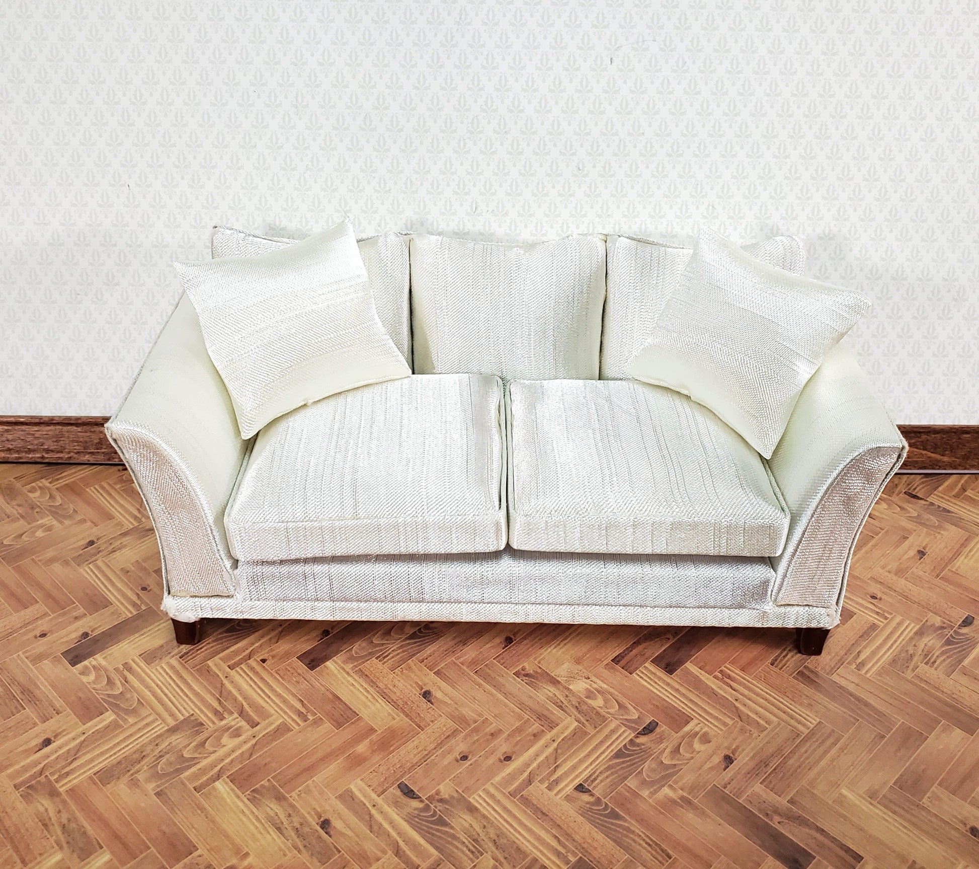 Dollhouse Sofa Couch Cream Faux Silk with Cushions 1:12 Scale Miniature Furniture