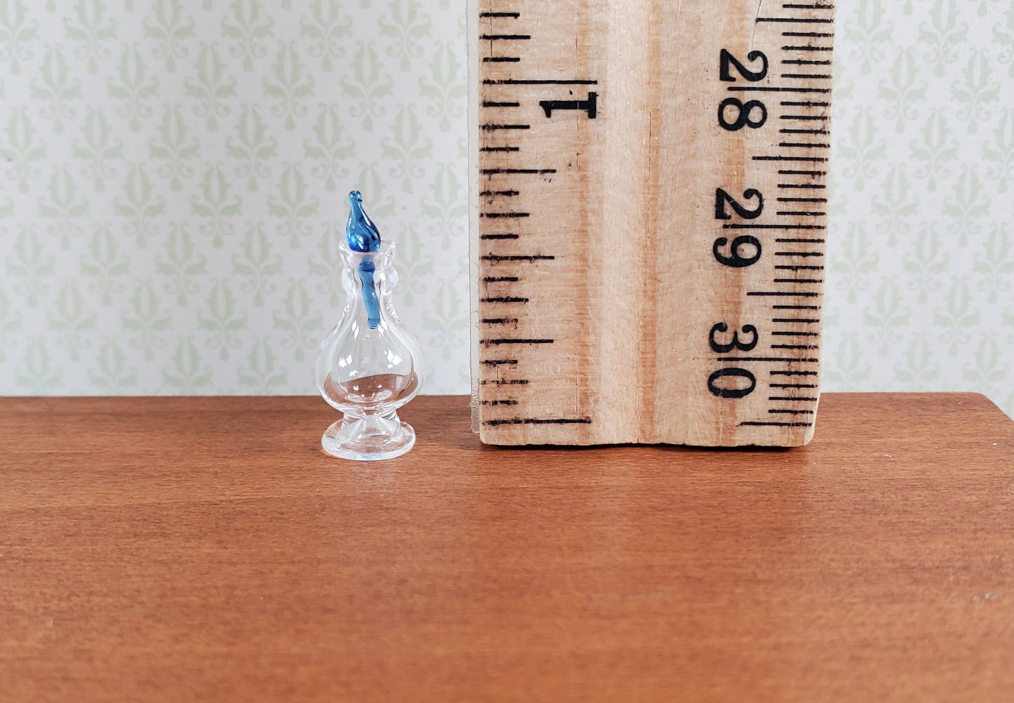 Miniature Glass Decanter Bottle with Blue Twist Stopper 1:12 Scale Dollhouse