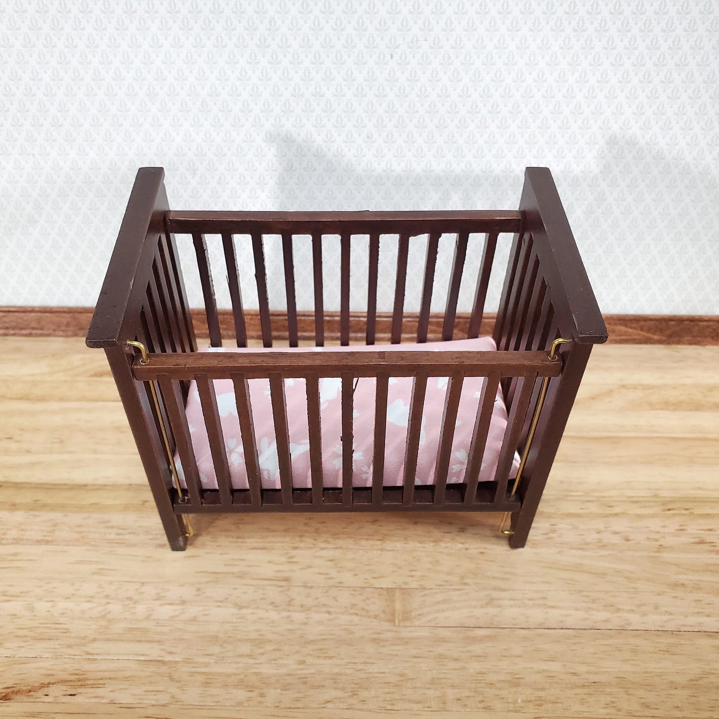 Dollhouse Crib Wood Drop Side Dark Walnut 1:12 Scale Miniature Nursery Furniture