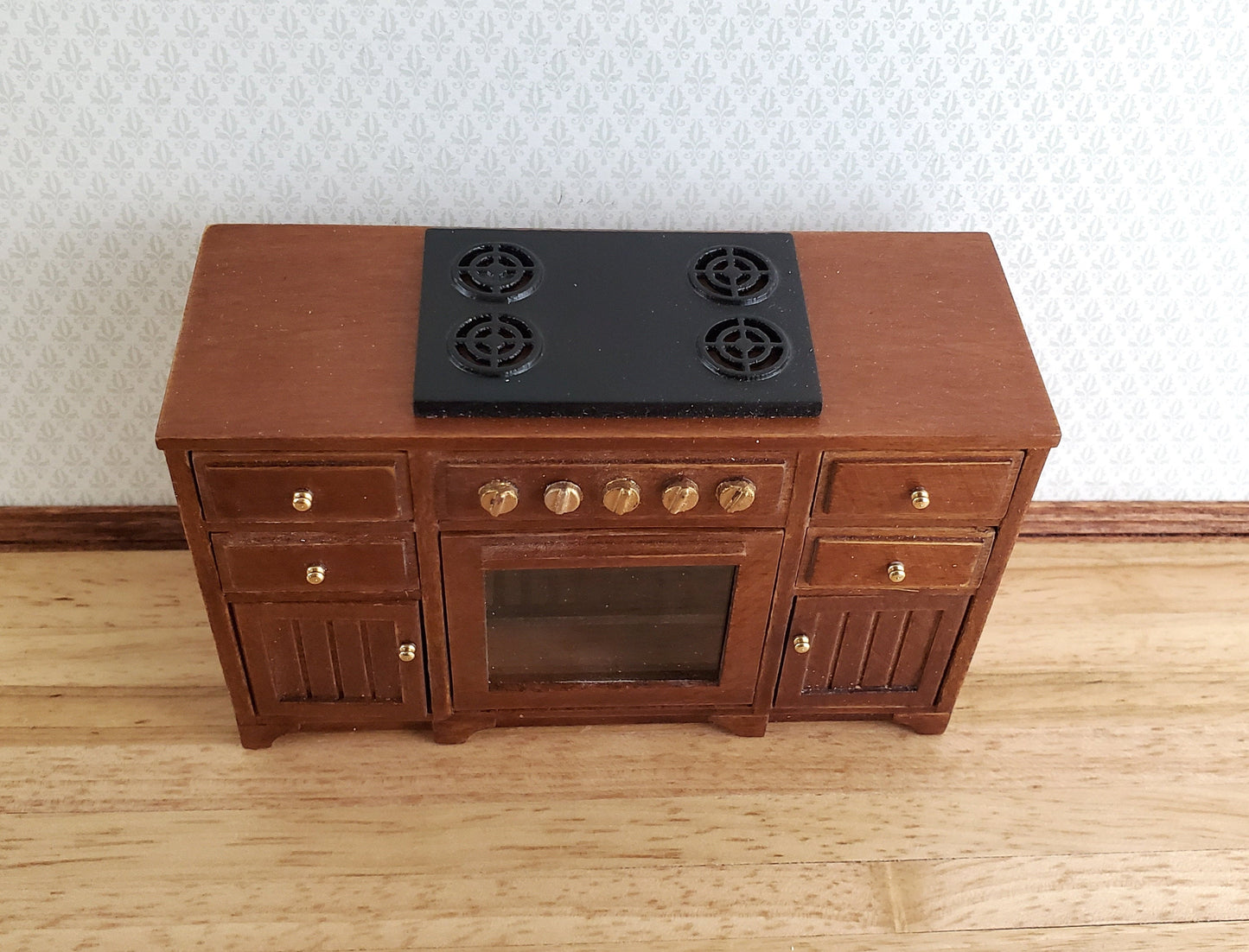 JBM Dollhouse Miniature Kitchen Stove Oven Cabinet Walnut 1:12 Scale Cupboard