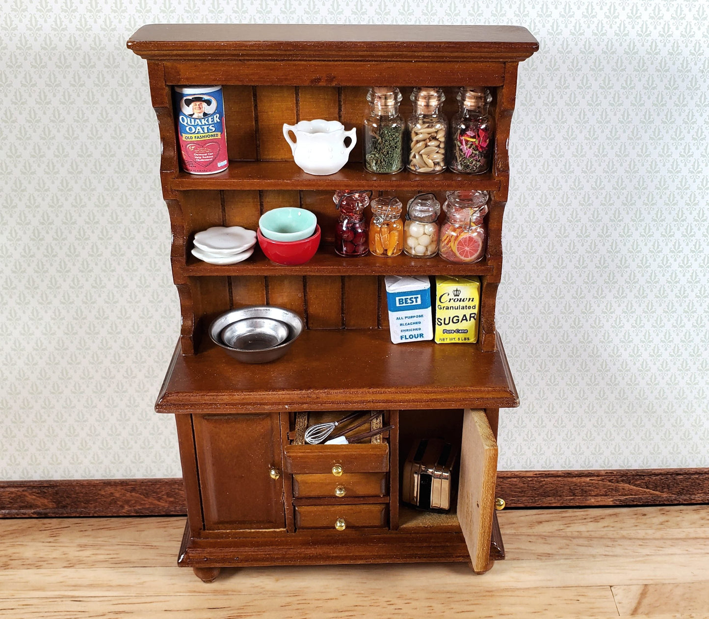 Dollhouse Welsh Kitchen Cabinet Cupboard Walnut Finish 1:12 Scale Miniature
