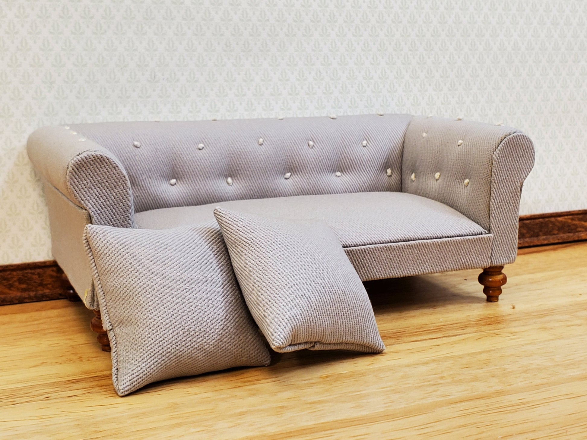 Dollhouse Sofa Couch Chesterfield Gray Tufted 1:12 Scale Miniature Furniture