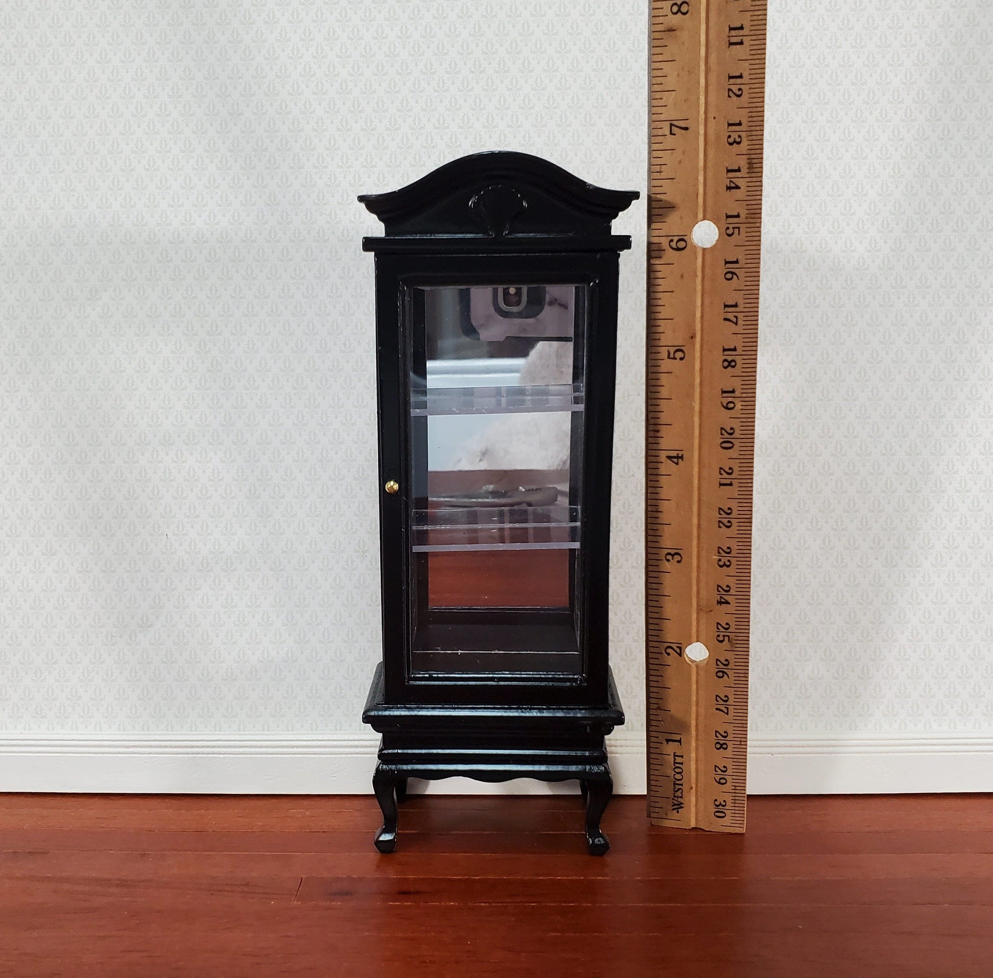 Dollhouse Curio Cabinet Mirrored Back Hutch Black Finish 1:12 Scale Miniature Furniture