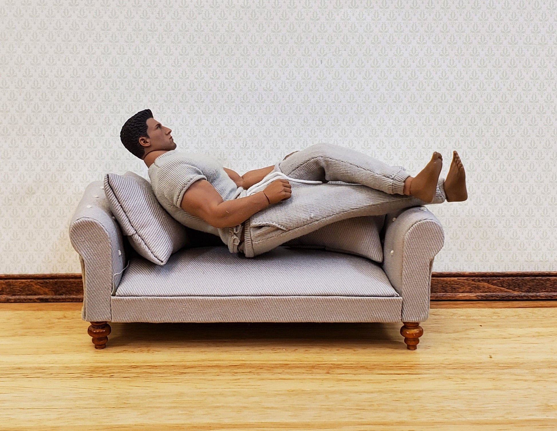 Dollhouse Sofa Couch Chesterfield Gray Tufted 1:12 Scale Miniature Furniture