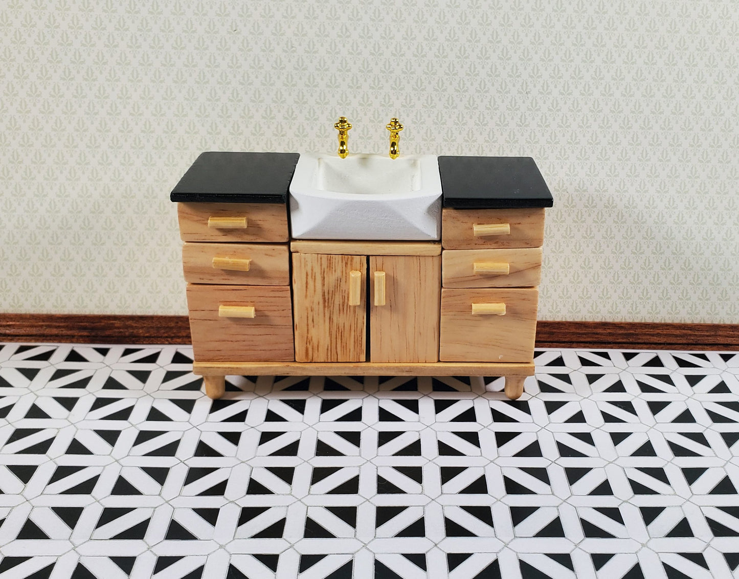 Dollhouse Flooring Black & White Tile 1:12 Scale Floor Wallpaper