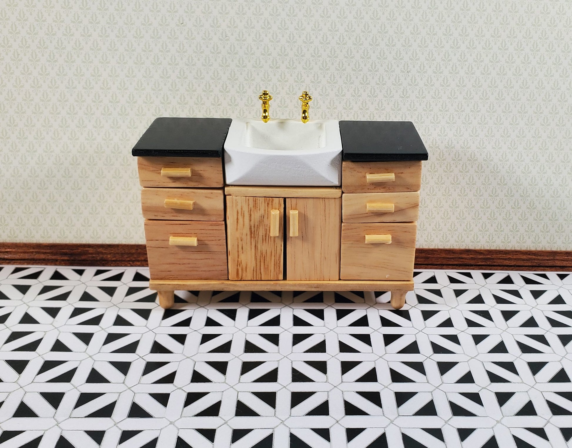 Dollhouse Flooring Black & White Tile 1:12 Scale Floor Wallpaper