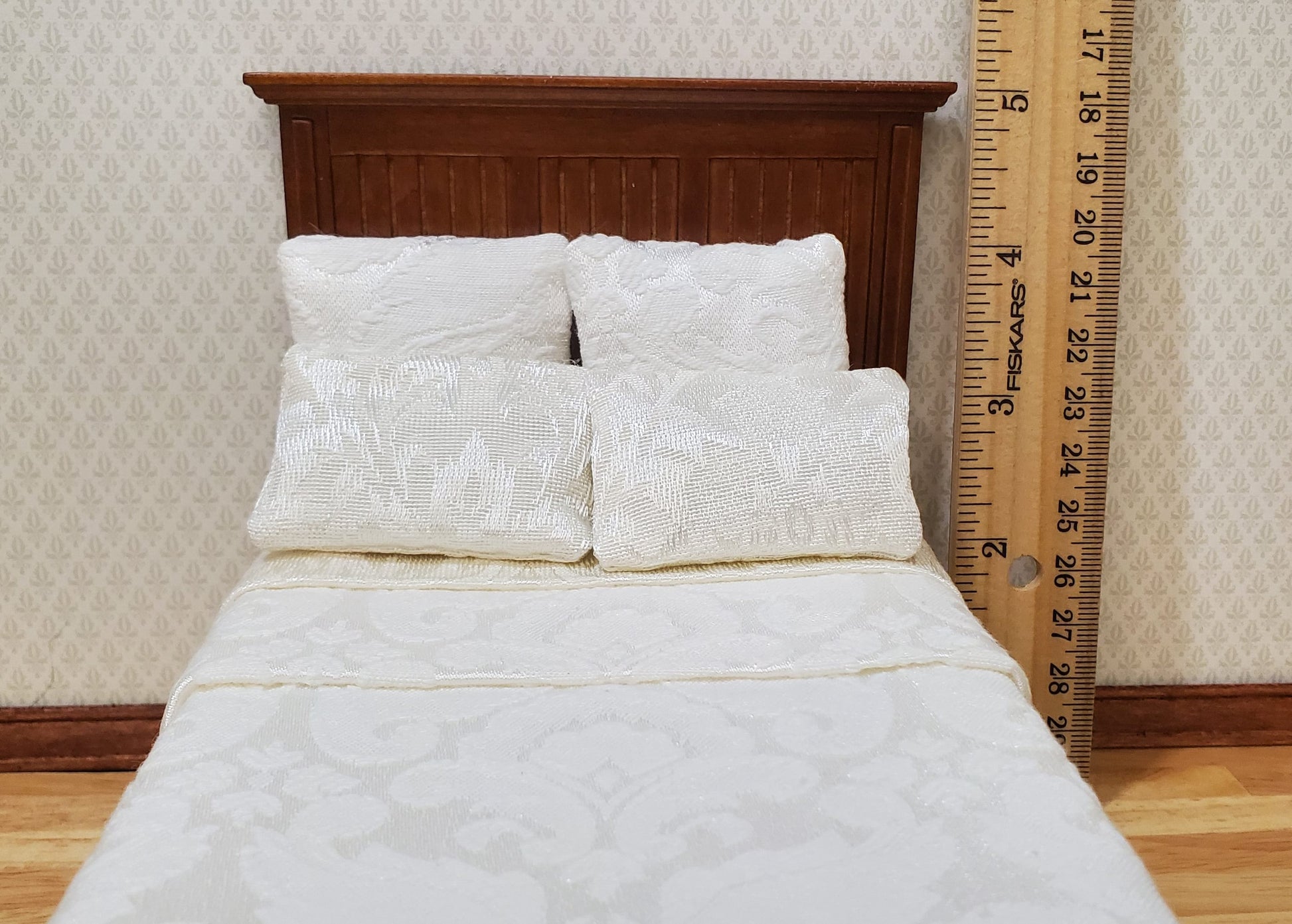 JBM Dollhouse Bed Farmhouse Country Style Walnut Finish 1:12 Miniature Furniture