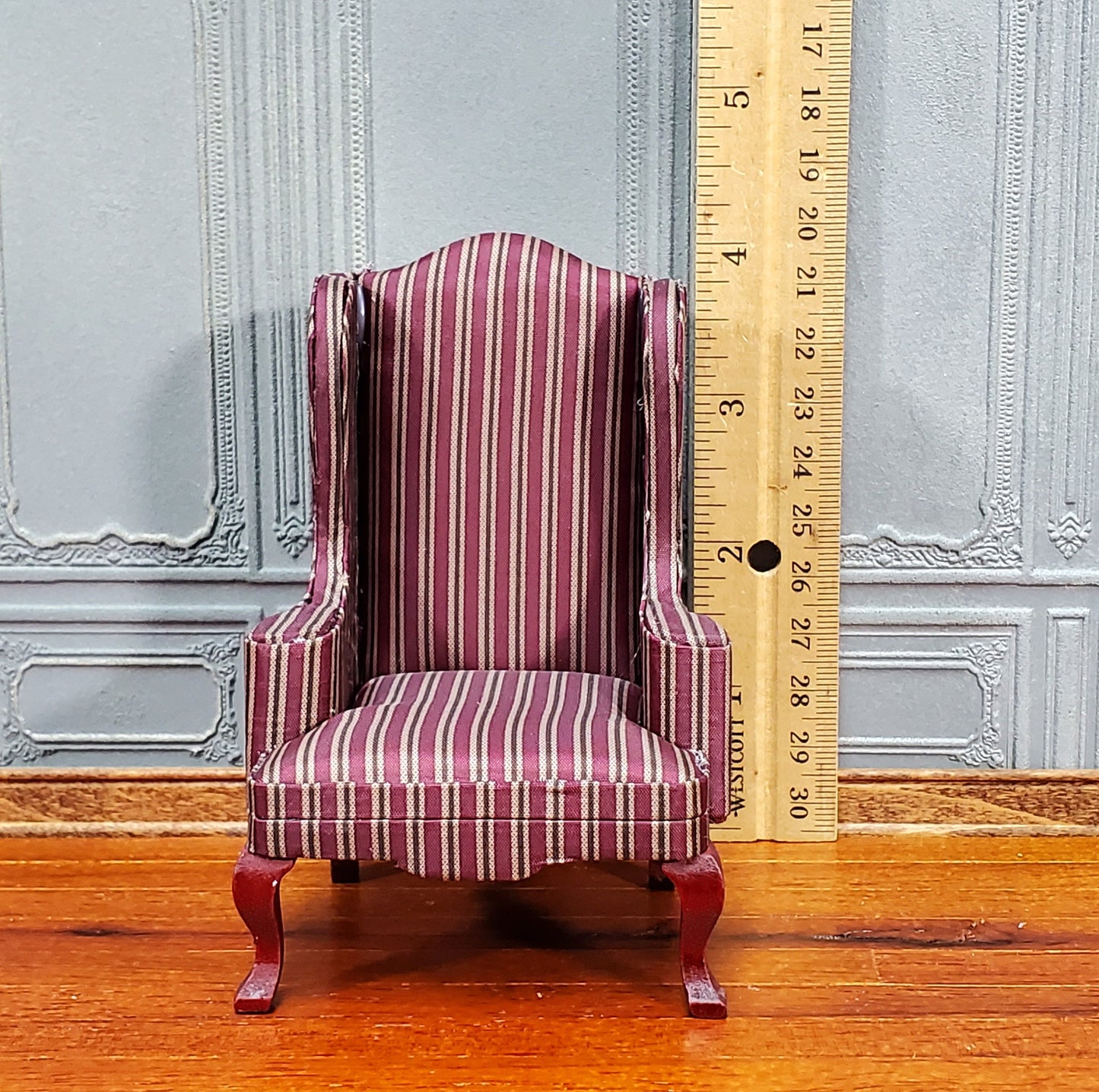 Dollhouse Arm Chair Wing Back Maroon Striped 1:12 Scale Miniature Furniture