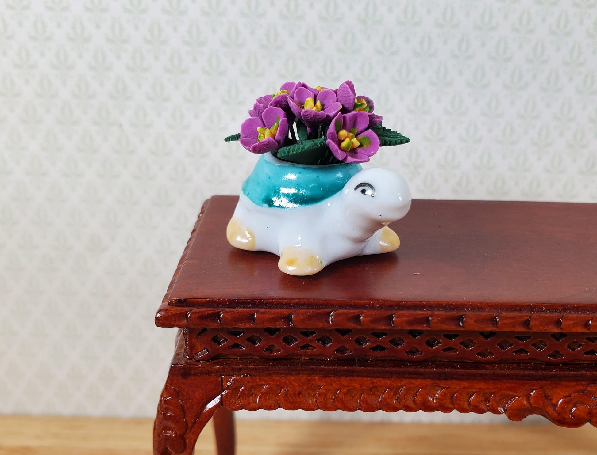 Dollhouse Violet Flowers in a Green Turtle Planter Pot 1:12 Scale Miniature