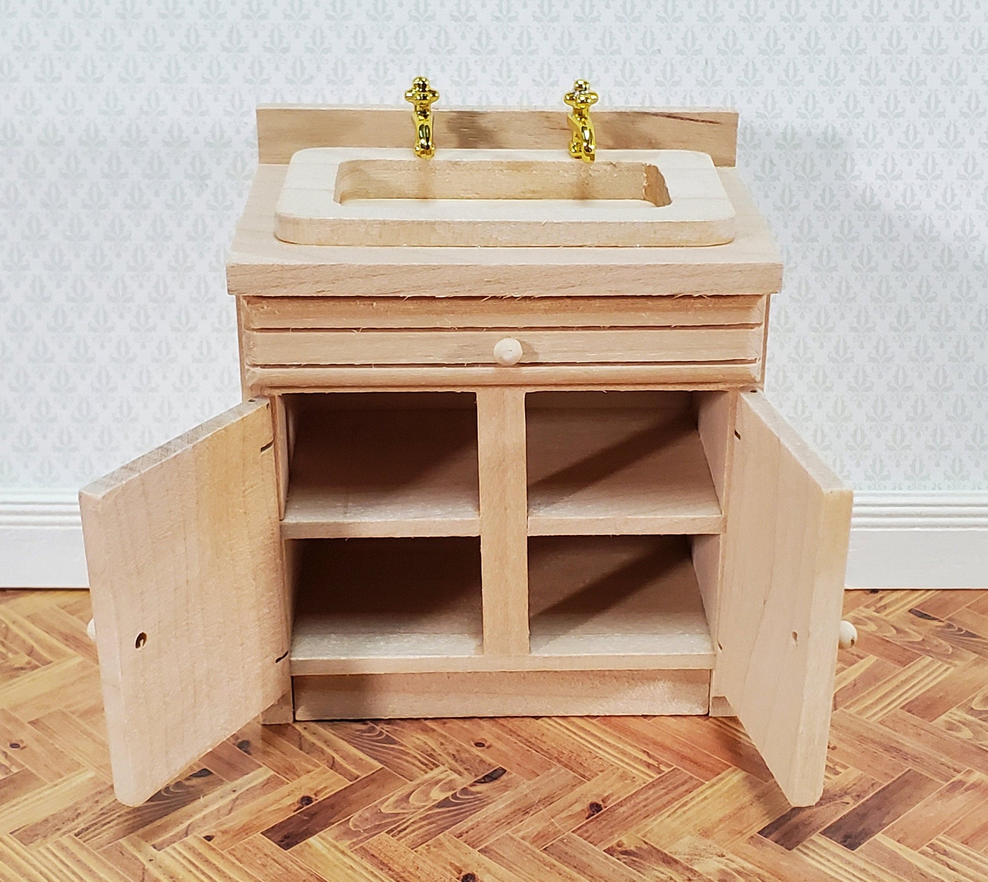 Dollhouse Sink Kitchen or Bathroom Cabinet 1:12 Scale Miniature Furniture Unpainted Wood