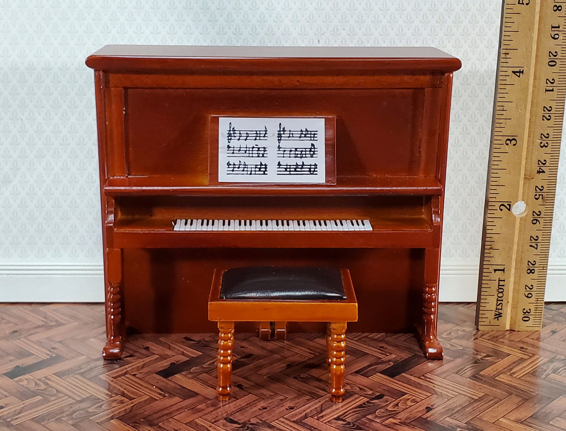 Miniature Upright Piano with Bench Seat Wood Instrument 1:12 Scale Dollhouse Walnut Finish