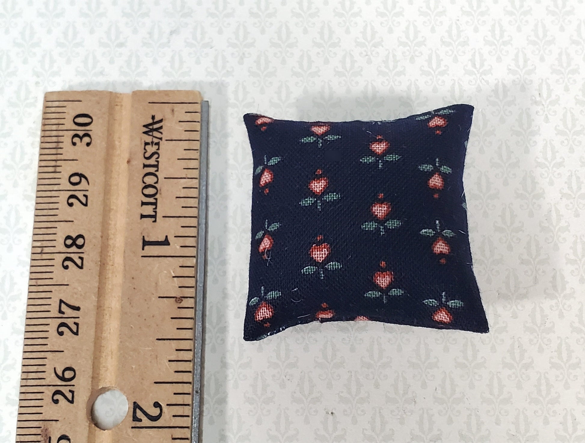 Dollhouse Pillow Flower Hearts Print Black Pink Green Handmade 1:12 Scale Miniature 1 1/2"