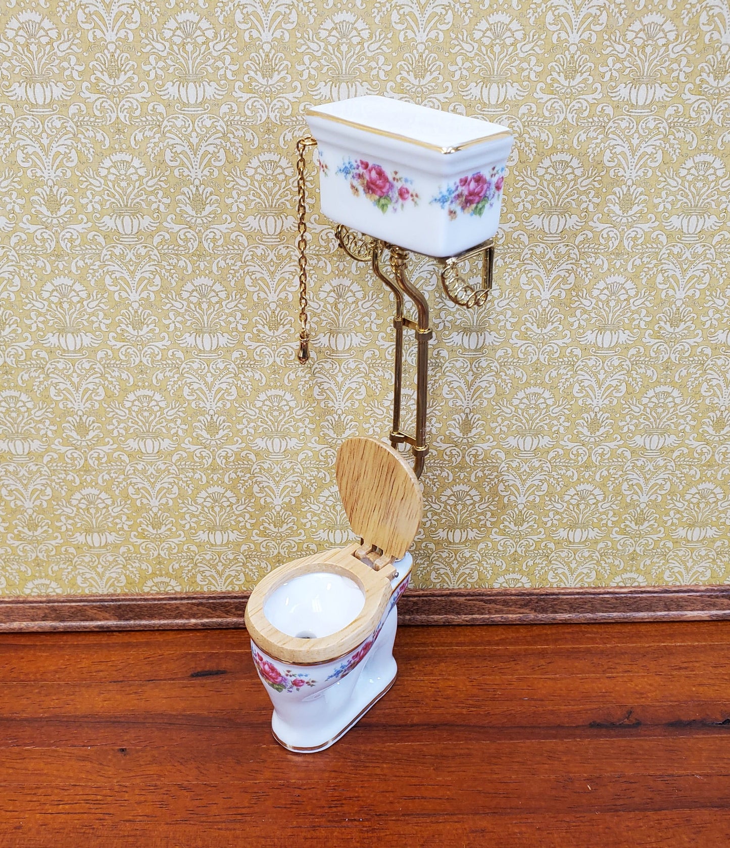 Reutter's Dollhouse Toilet High Tank Vintage Style Porcelain 1:12 Scale Dresden Rose Pattern