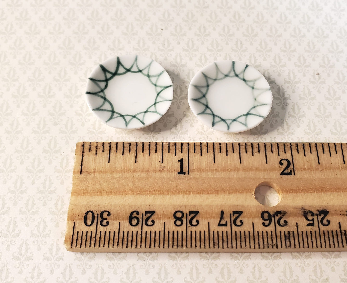 Dollhouse Green Trimmed Ceramic Plates Set of 2 1:12 Scale Miniature