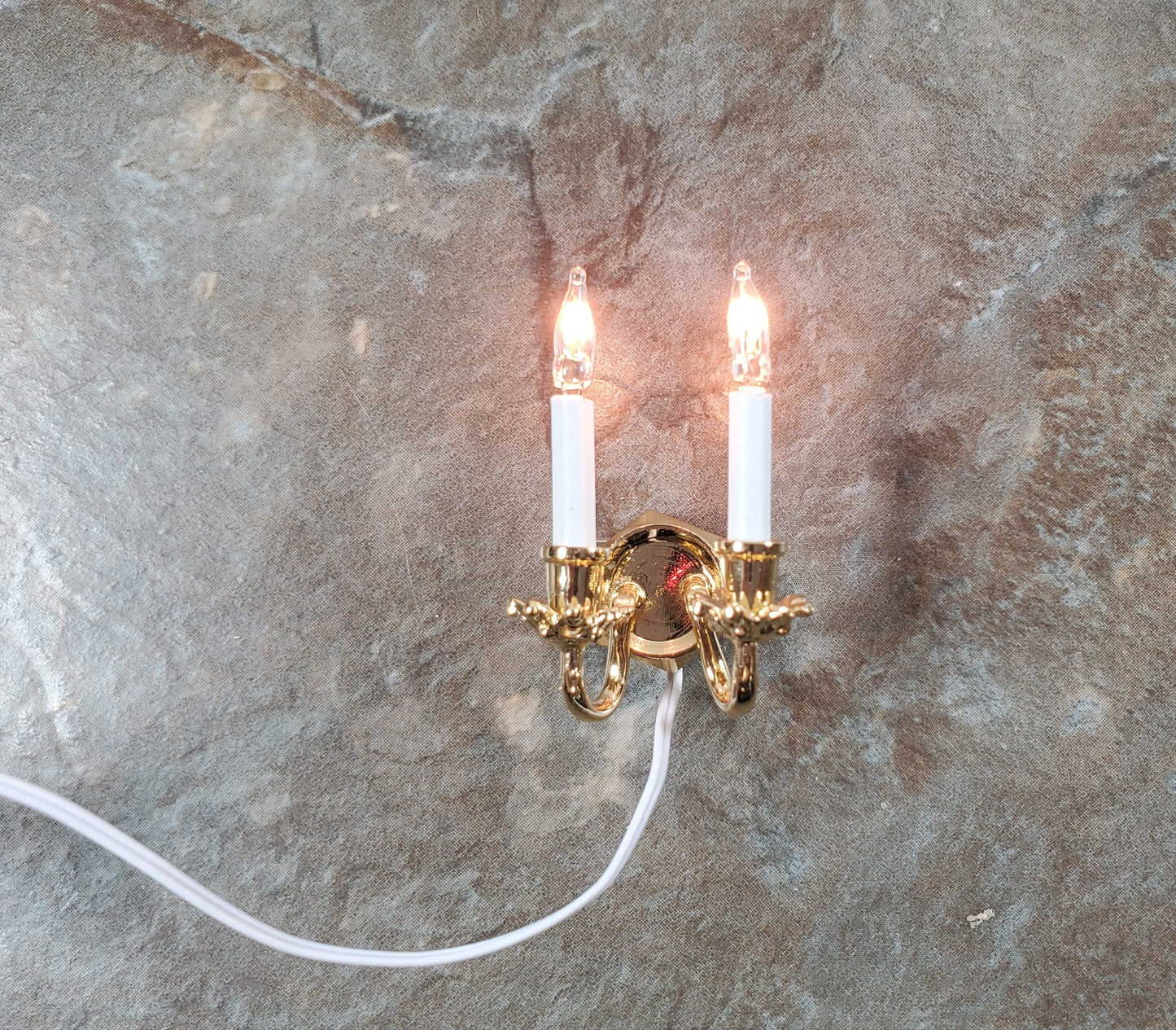 Dollhouse Double Candle Wall Sconce Gold 12 Volt with Plug 1:12 Wall Light