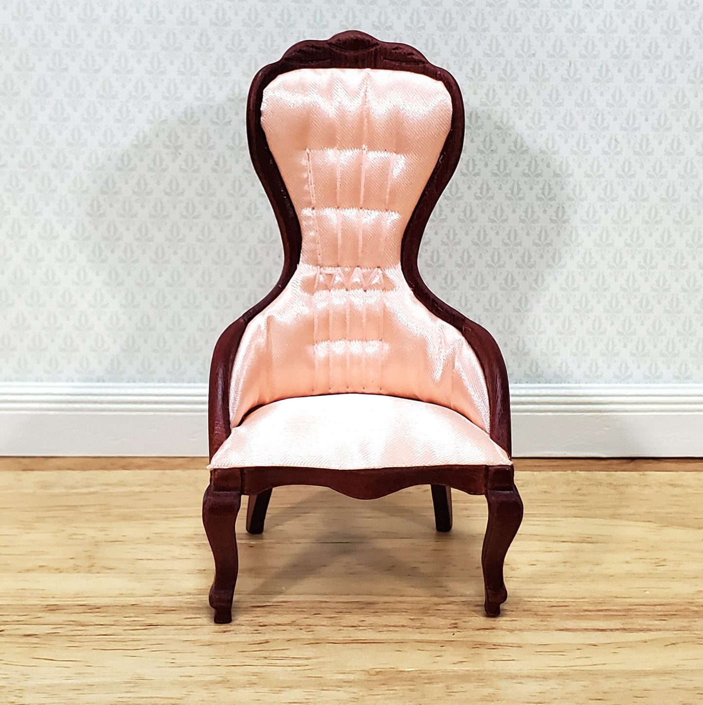 Dollhouse Ladies Chair Victorian Pink & Mahogany Finish 1:12 Scale Miniature Furniture
