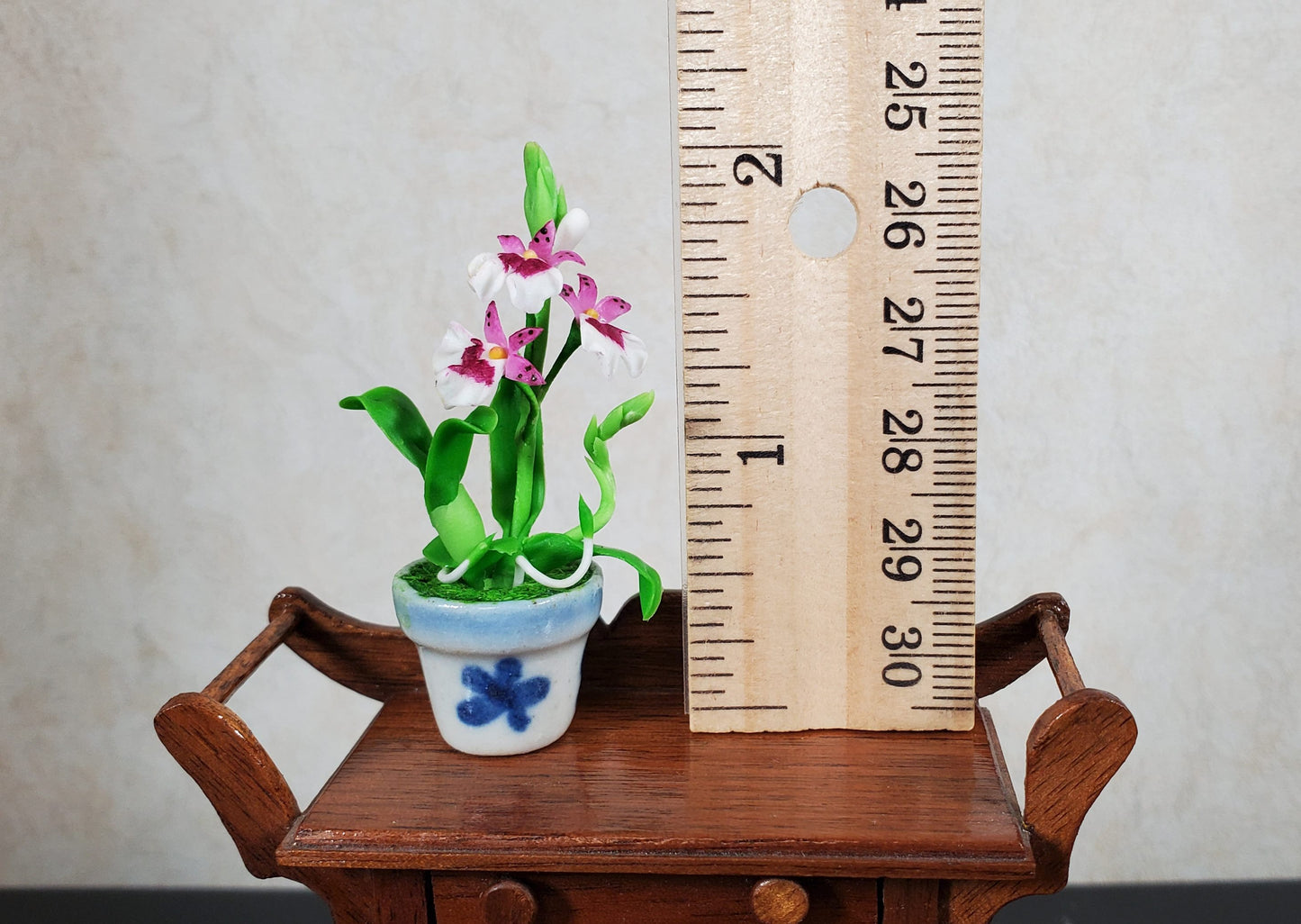 Dollhouse Orchid Pink White Flowering Plant in Ceramic Pot 1:12 Scale Miniature