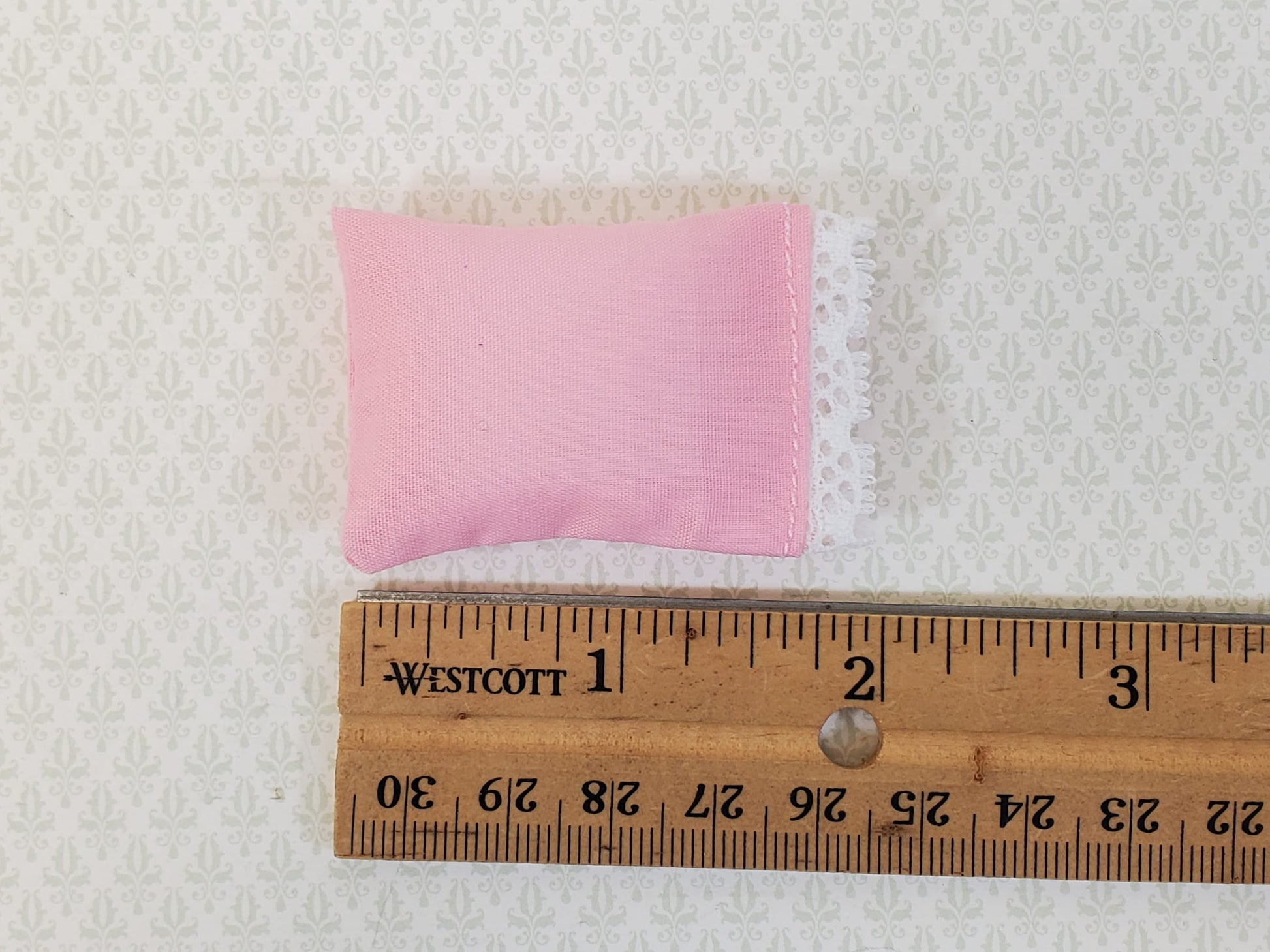 Miniature Pink Pillow with Lace for Dollhouse Bedroom 1:12 Scale 2"
