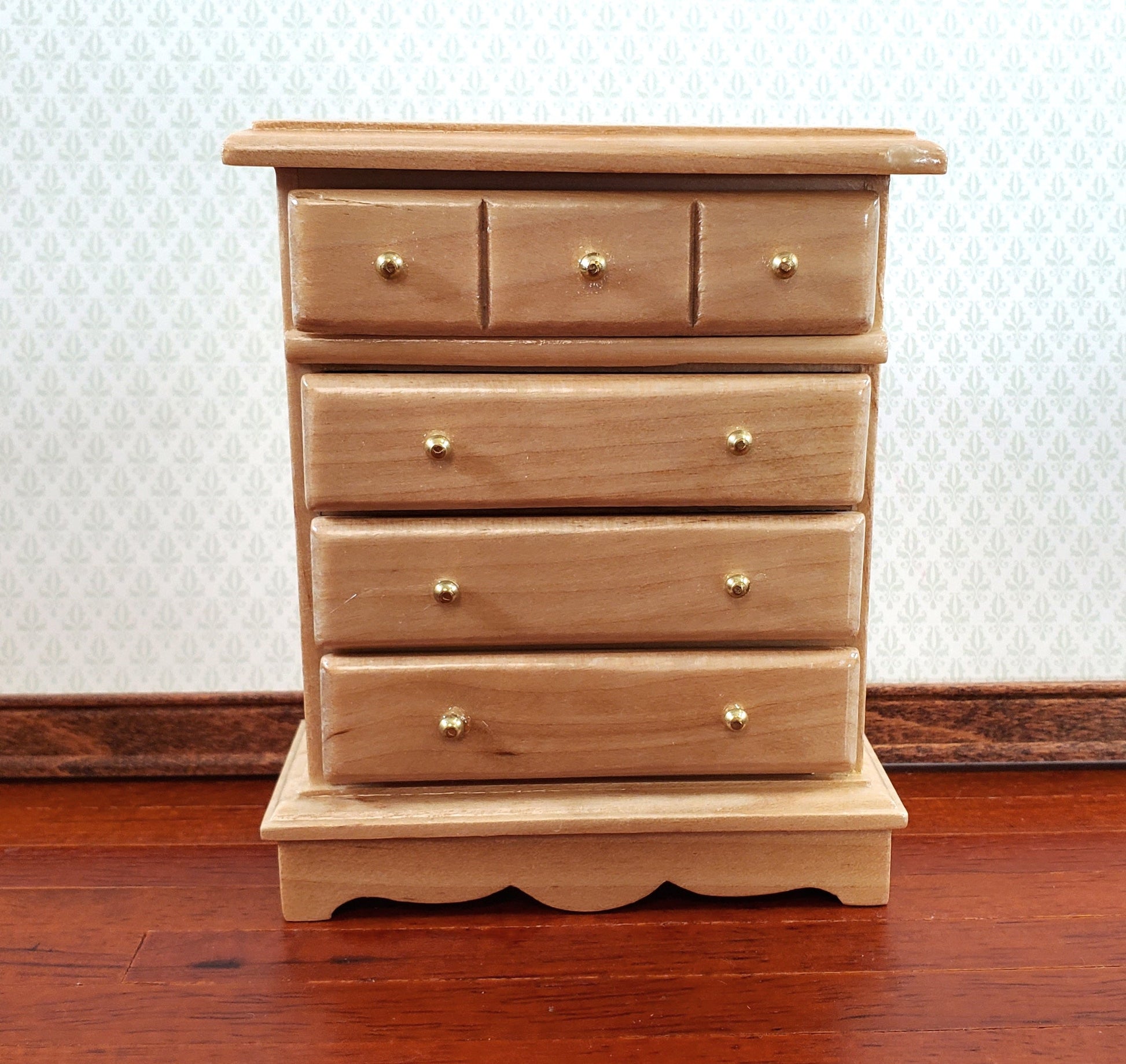 Dollhouse Miniature Dresser Chest Tall 4 Drawer 1:12 Scale Light Oak Finish