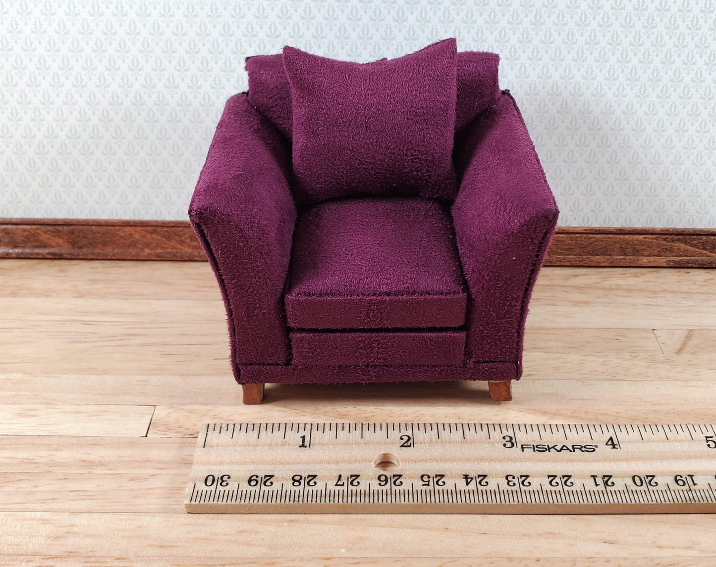 Dollhouse Arm Chair Plum Burgundy with Cushion 1:12 Scale Miniature Furniture - Miniature Crush