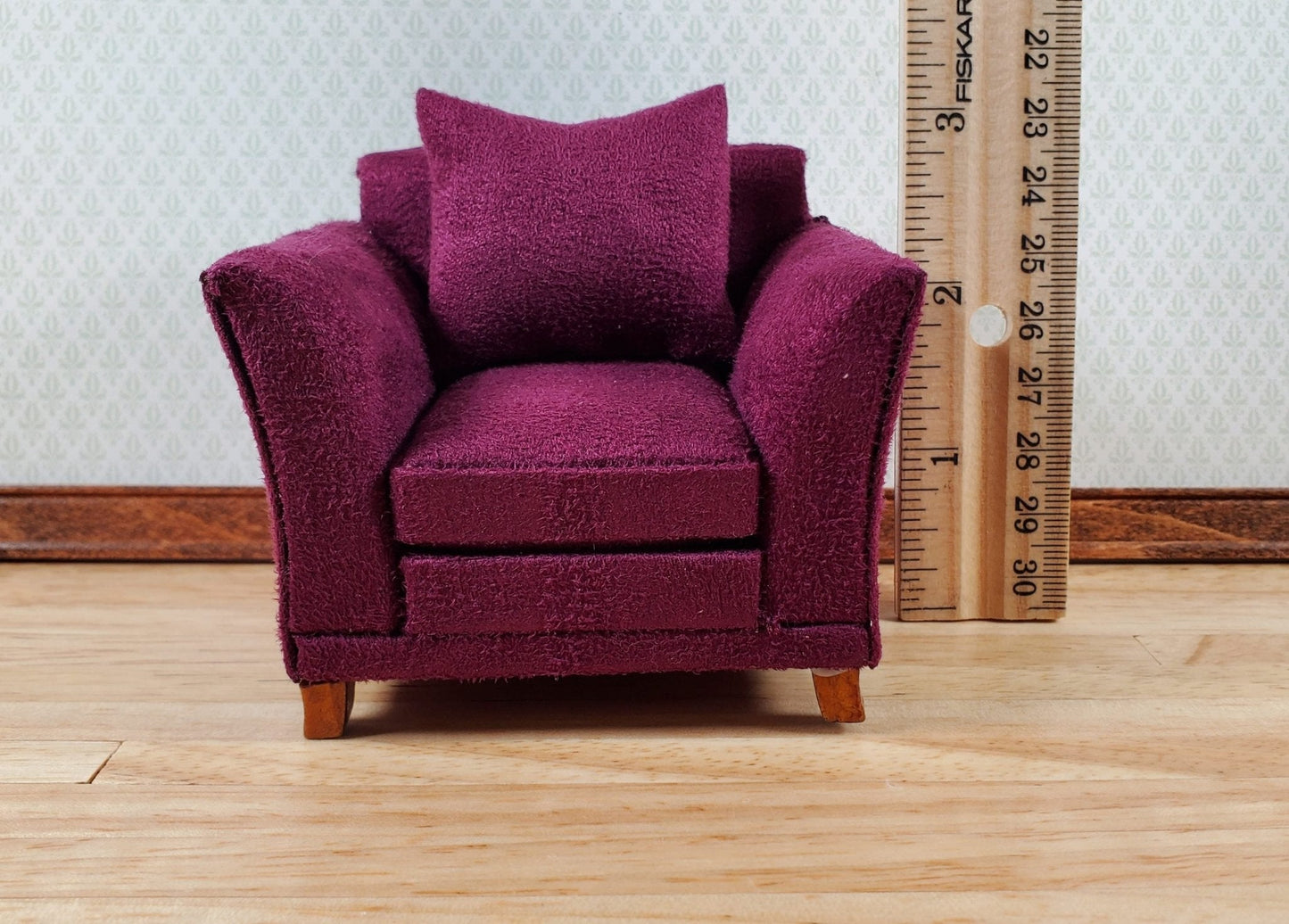 Dollhouse Arm Chair Plum Burgundy with Cushion 1:12 Scale Miniature Furniture - Miniature Crush