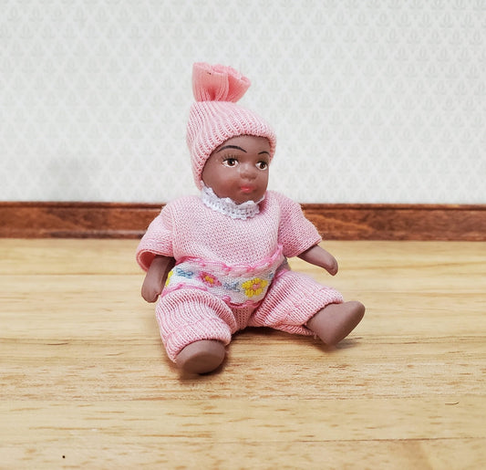 Dollhouse Baby Doll Black Brown Porcelain Moveable 1:12 Scale Miniature Pink Outfit - Miniature Crush