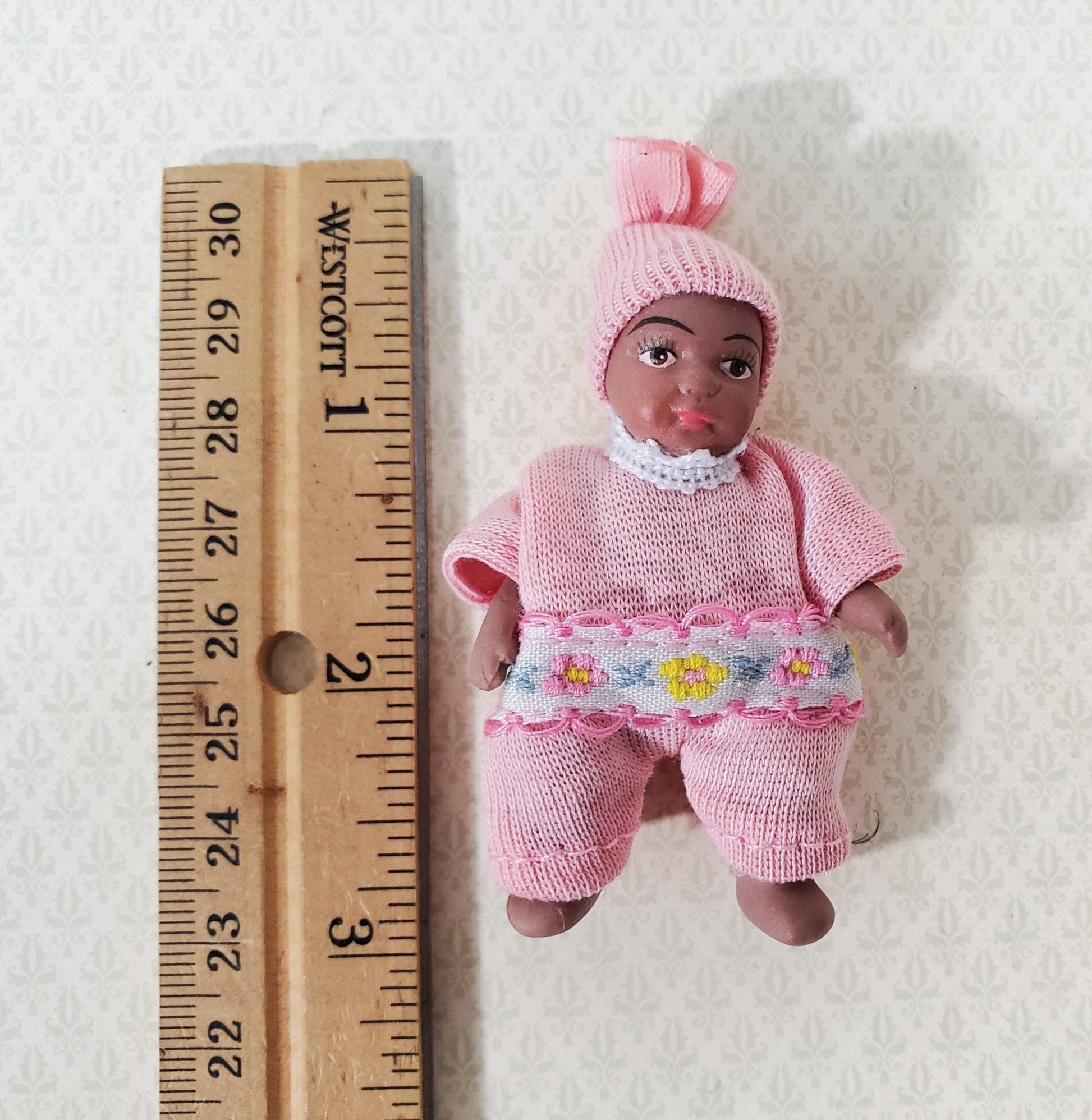 Dollhouse Baby Doll Black Brown Porcelain Moveable 1:12 Scale Miniature Pink Outfit - Miniature Crush