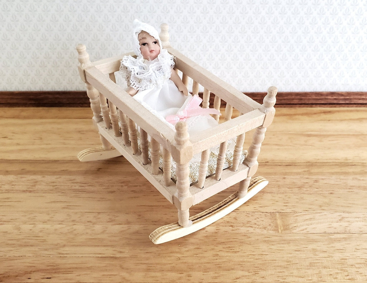 Dollhouse Baby Doll in Long White Gown Porcelain 1:12 Scale Miniature - Miniature Crush