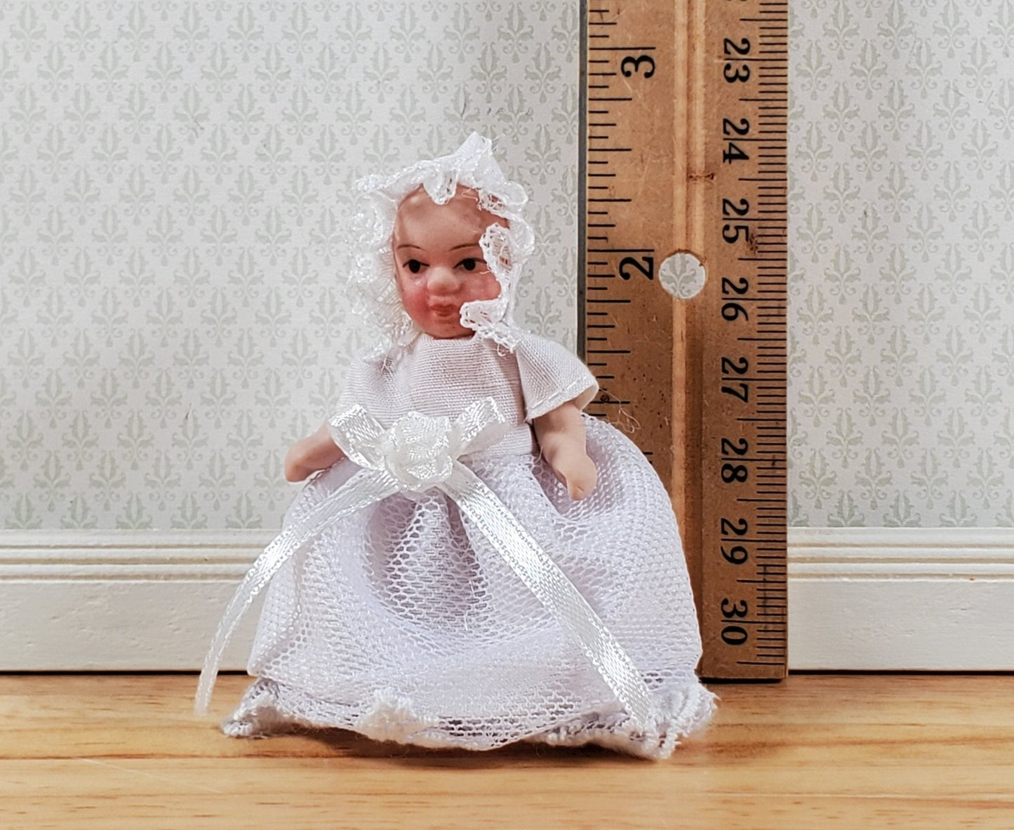 Dollhouse Baby Doll in Long White Gown with Lace Porcelain 1:12 Scale Miniature - Miniature Crush